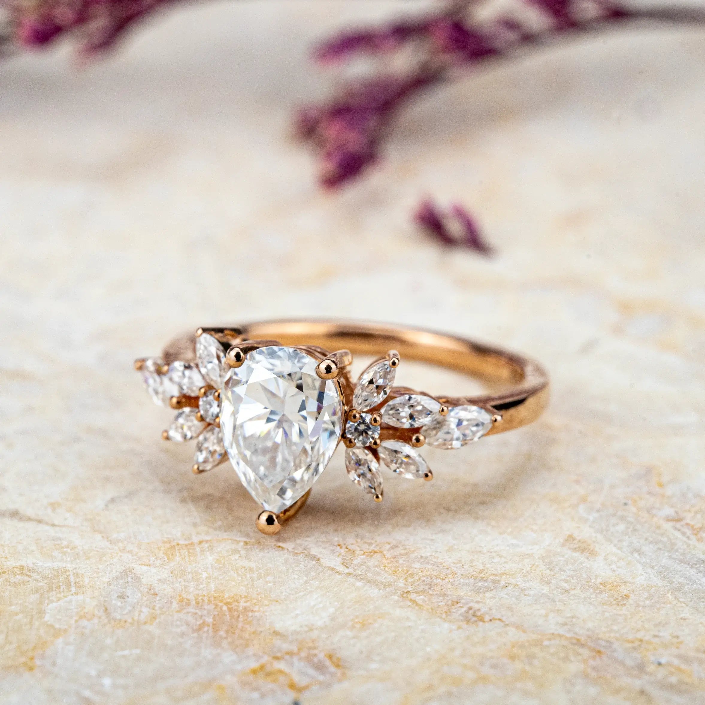 Elegant Pear Moissanite Ring 14k Gold Handcrafted Beauty with Petal-Like Accents Symbolizing Timeless Bridal Elegance & Love Promise Ring petal ring wedding band engagement ring gift