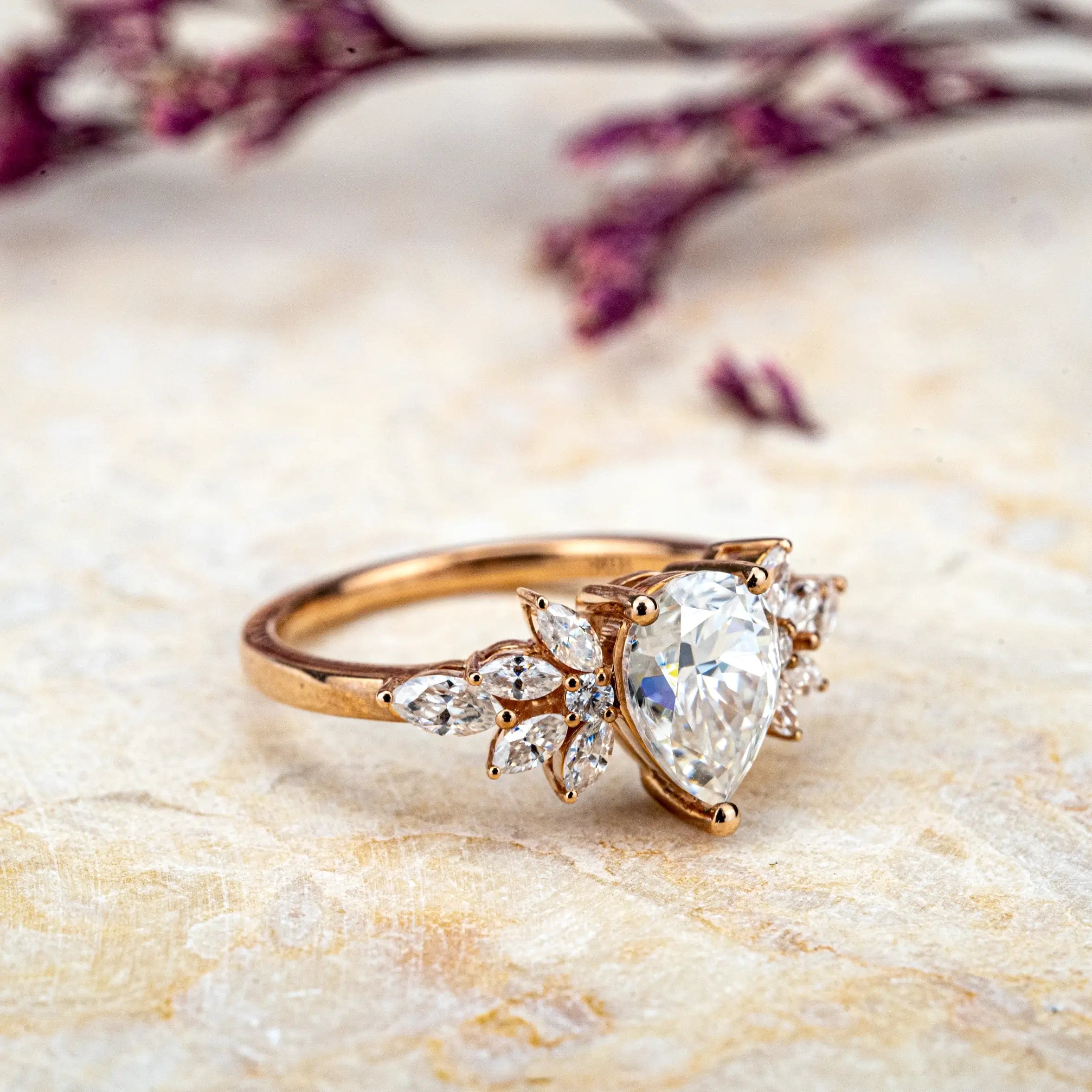 Elegant Pear Moissanite Ring 14k Gold Handcrafted Beauty with Petal-Like Accents Symbolizing Timeless Bridal Elegance & Love Promise Ring petal ring wedding band engagement ring gift