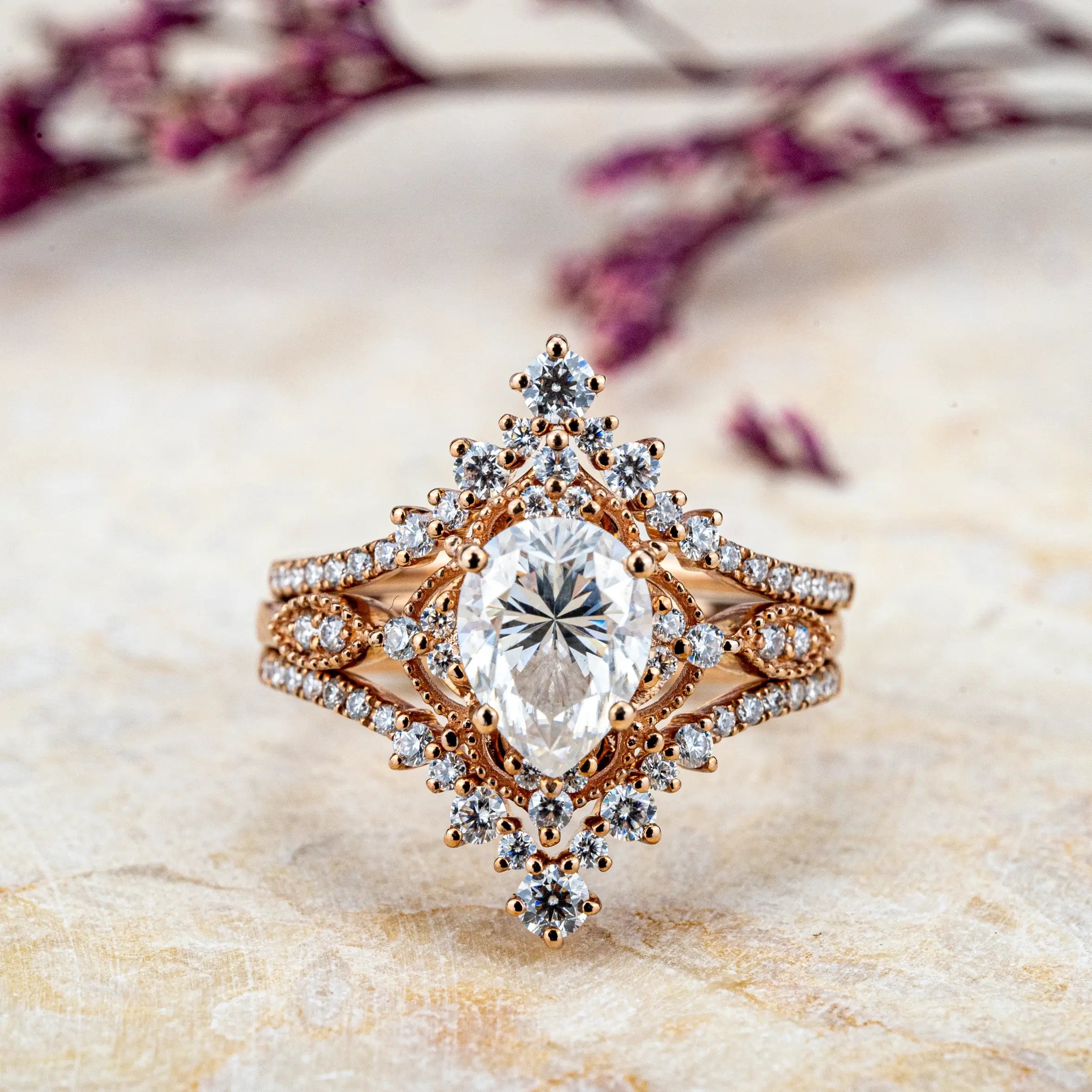 Gorgeous Pear Cut Moissanite Engagement Ring Set 3pcs