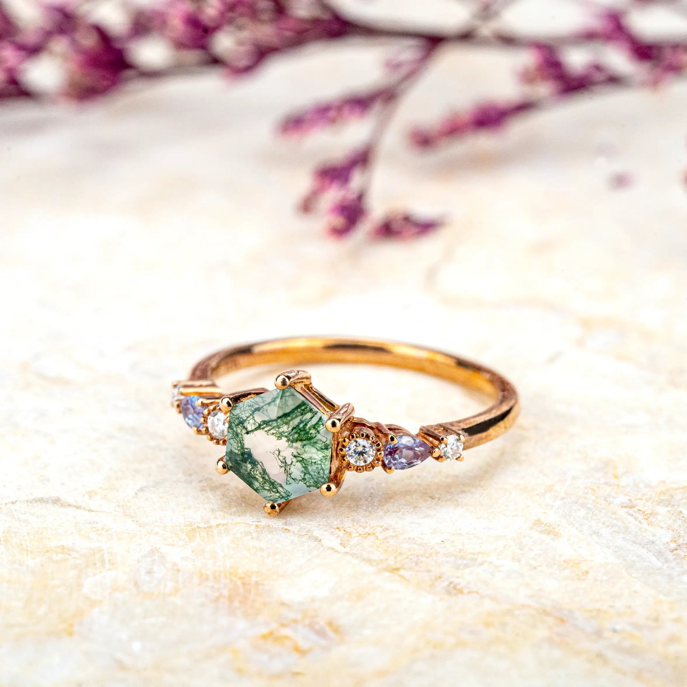 Hexagonal Cut Moss Agate Engagement Rings Natural Green Gem Custom Soild 14 Gold Ring Promise Anniversary Ring For Women Gift