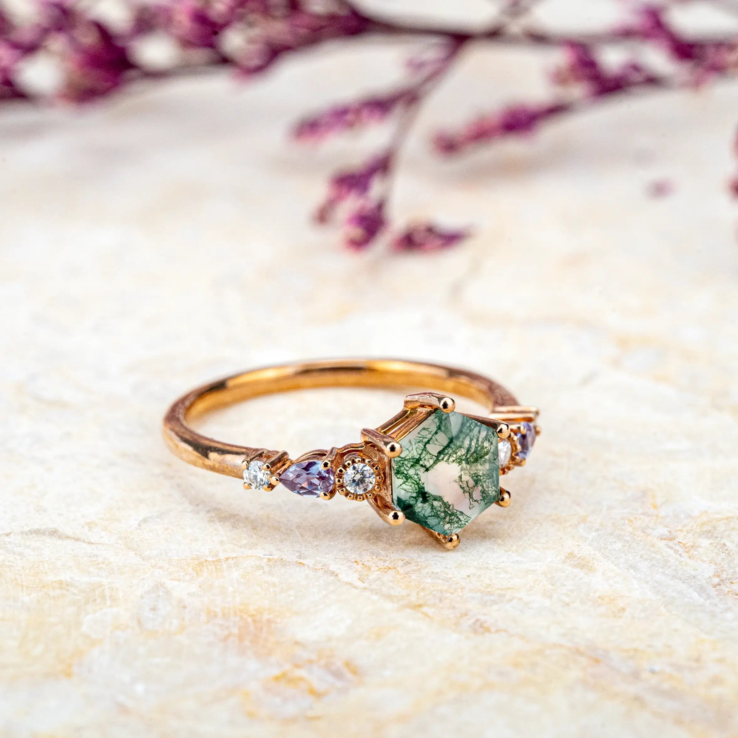 Hexagonal Cut Moss Agate Engagement Rings Natural Green Gem