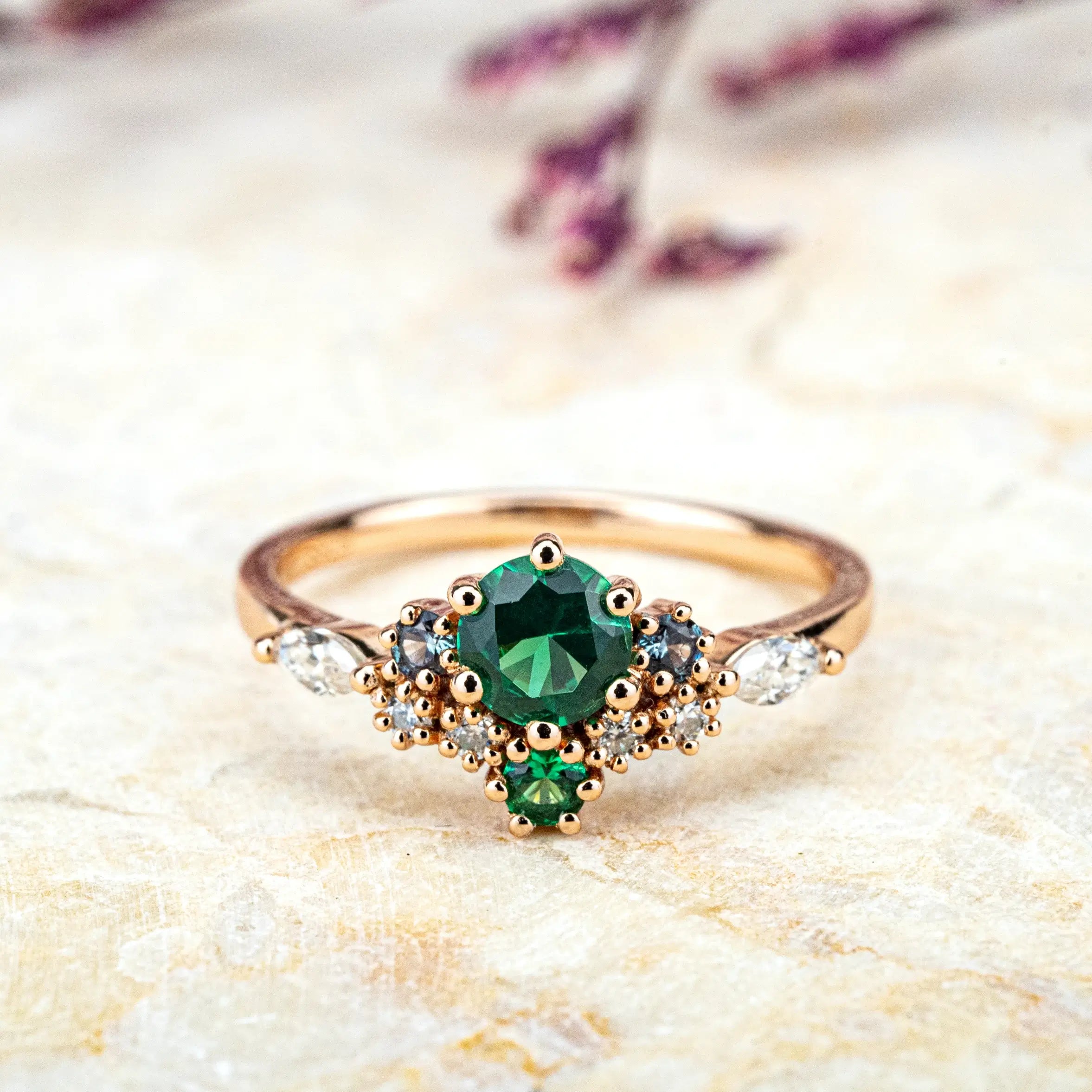 Cluster Engagement Rings Lab Emerald Birthstone Ring