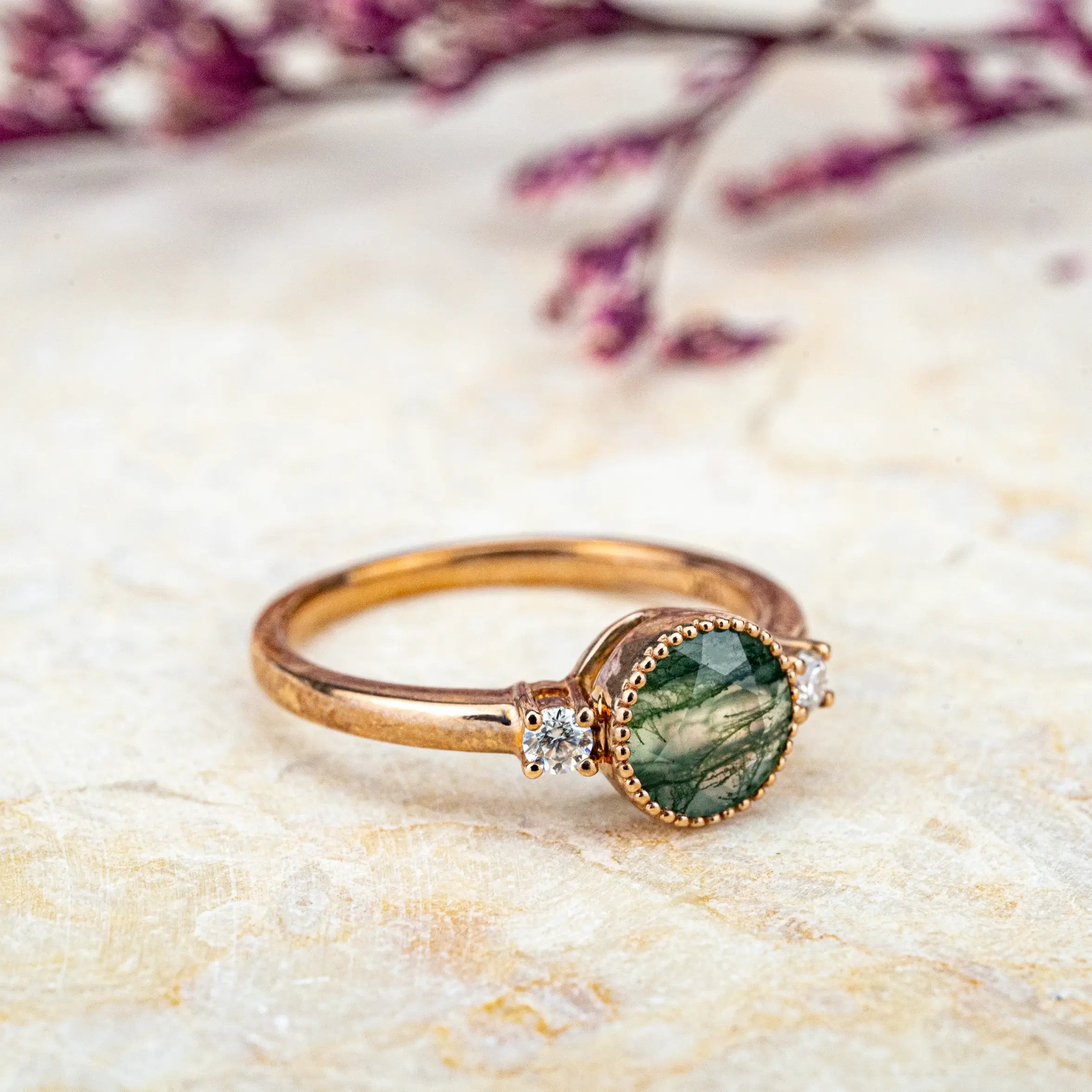 Minimalist Moss Agate Ring Three Stone Engagement Ring Custom UNique promise Ring