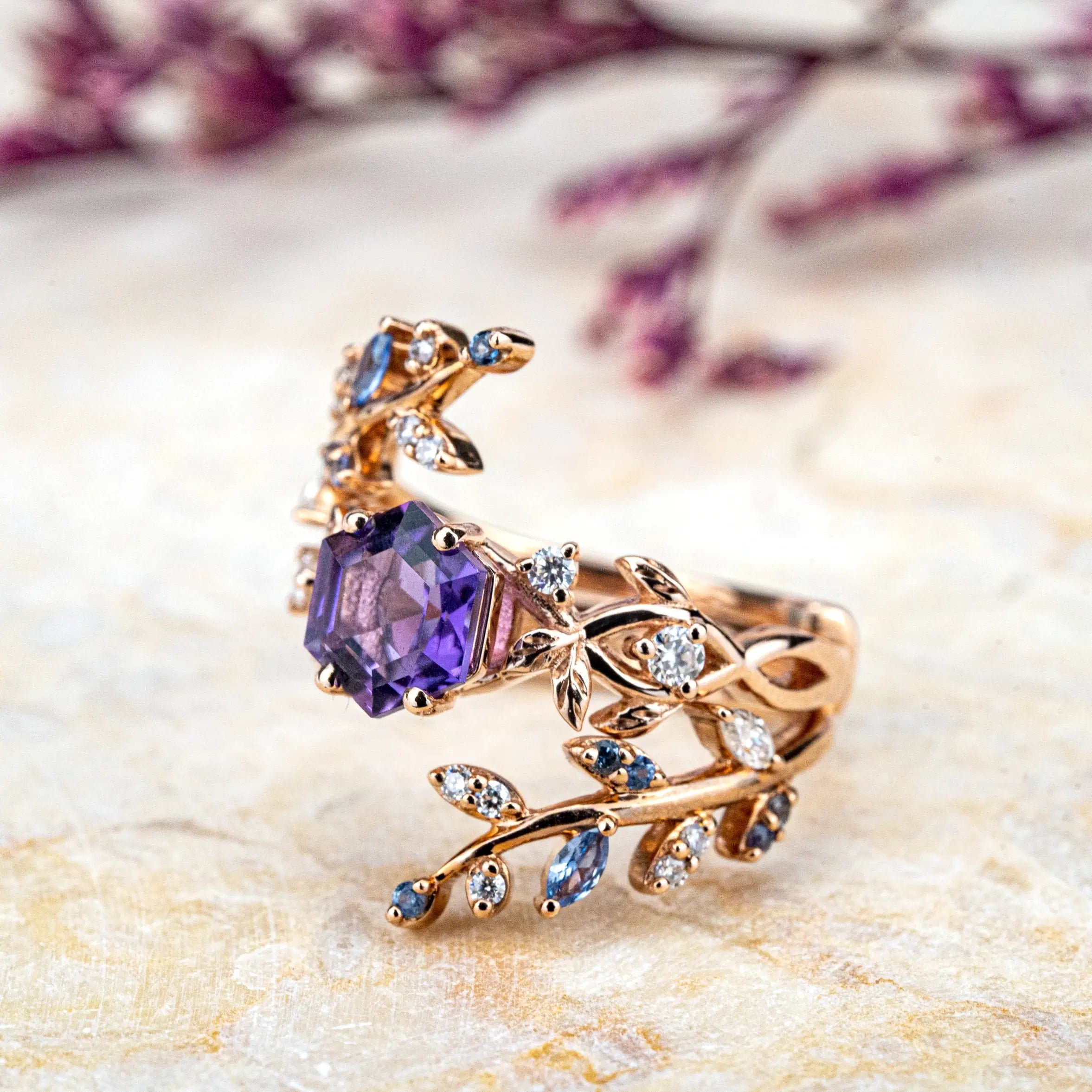 Alexandrite 14k Gold Leaf-Inspired Bridal Ring Set Unique Art Ring custom lab alexandrite ring for women promise gift birthstone ring