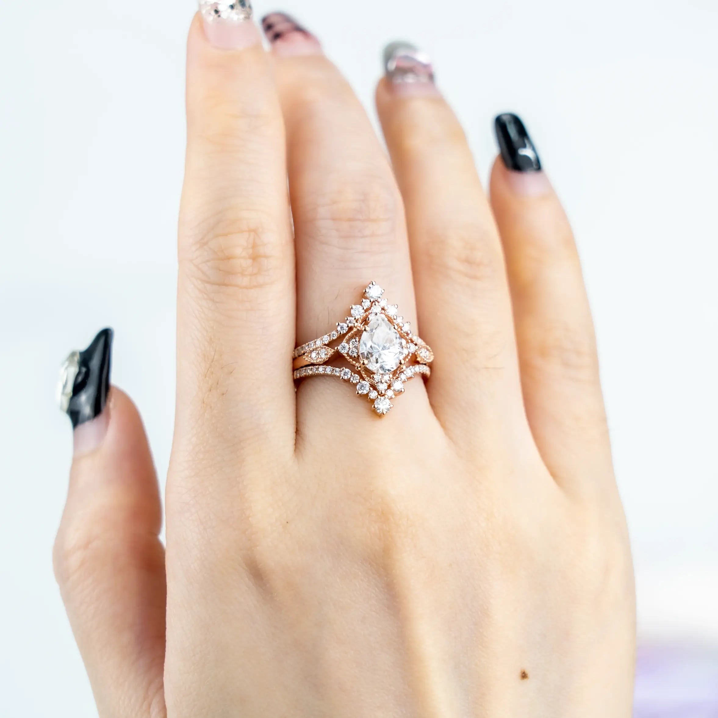 Gorgeous Pear Cut Moissanite Engagement Ring Set 3pcs