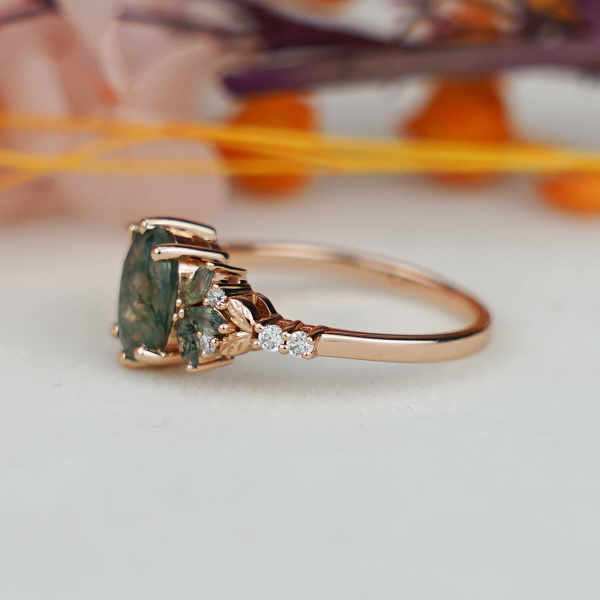 Moss Agate Engagement Ring Oval Cluster Ring