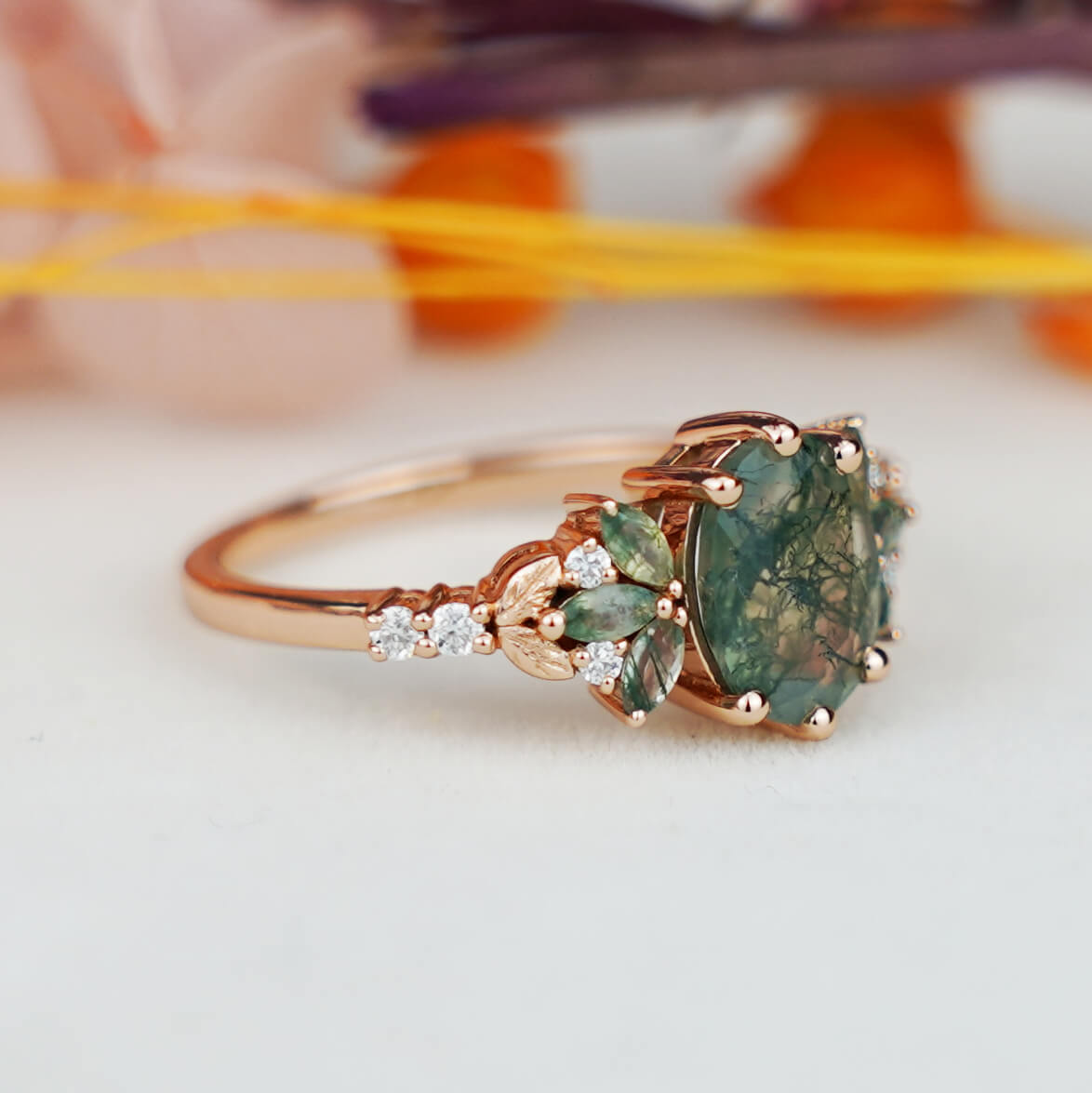 Unique Moss Agate Engagement Ring Oval Moissanite Ring Solid Gold Ring Vintage Moissanite Ring Diamond Cluster Ring Promise Rings for Women