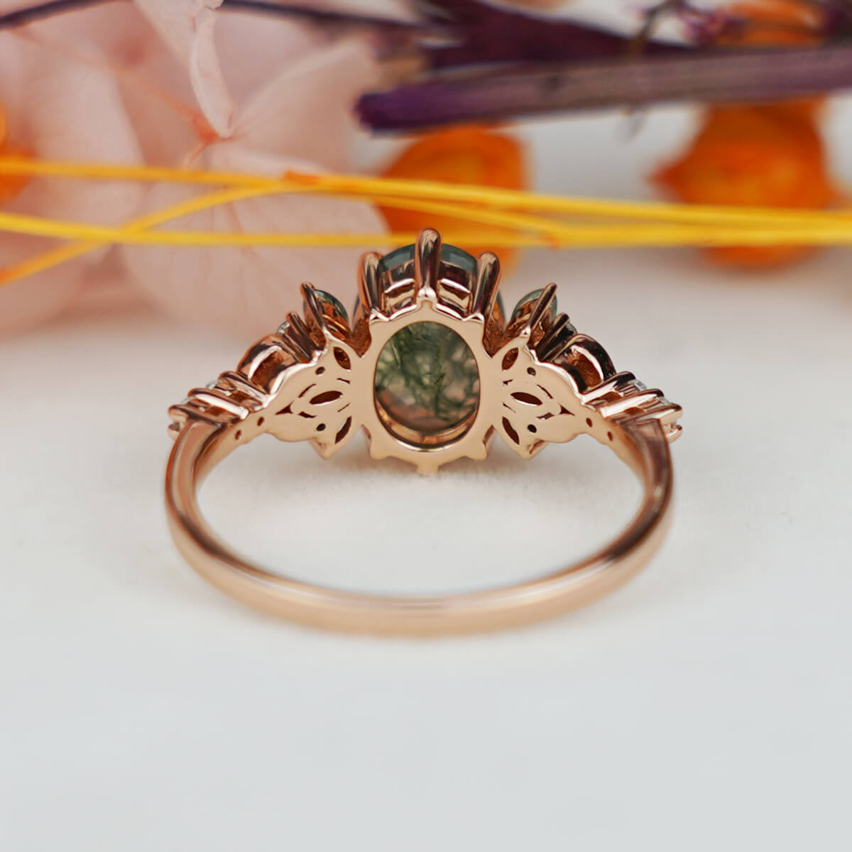 Moss Agate Engagement Ring Oval Cluster Ring
