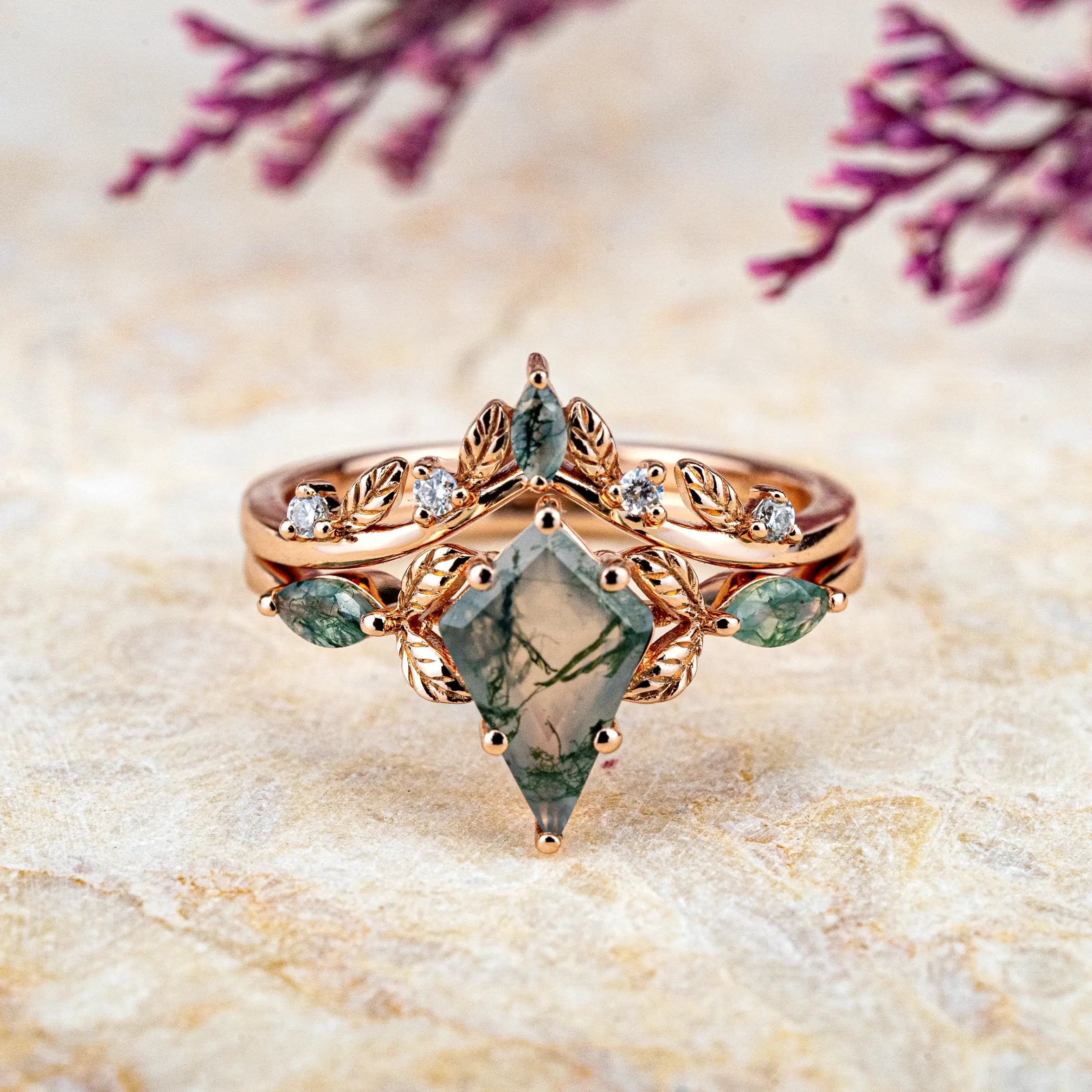 Leaf-Inspired Kite Cut Moss Agate Engagement Ring Set – A Unique, Natural and Handcrafted 14k Gold Treasure, Ideal Gift for Her