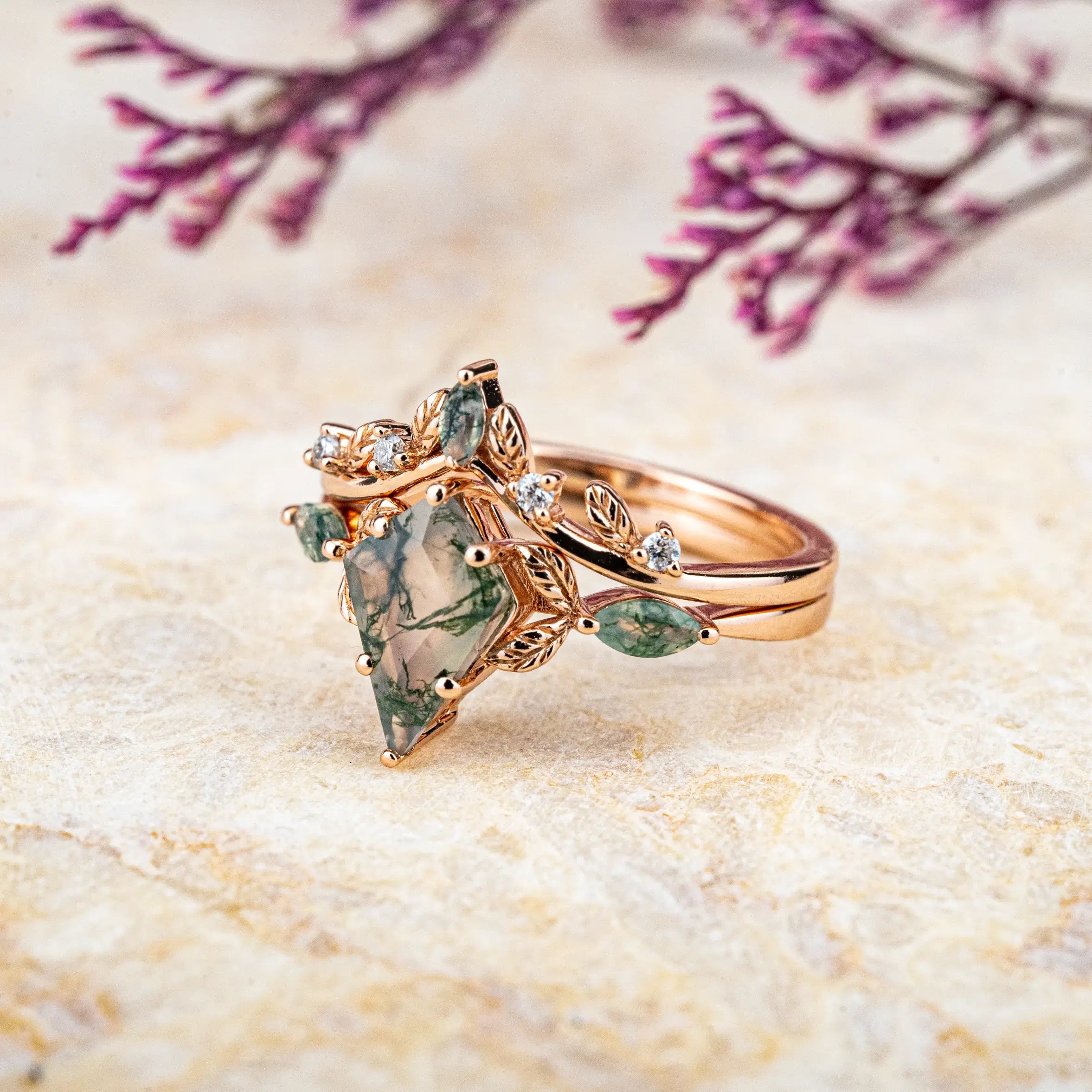 Leaf-Inspired Kite Cut Moss Agate Engagement Ring Set – A Unique, Natural and Handcrafted 14k Gold Treasure, Ideal Gift for Her