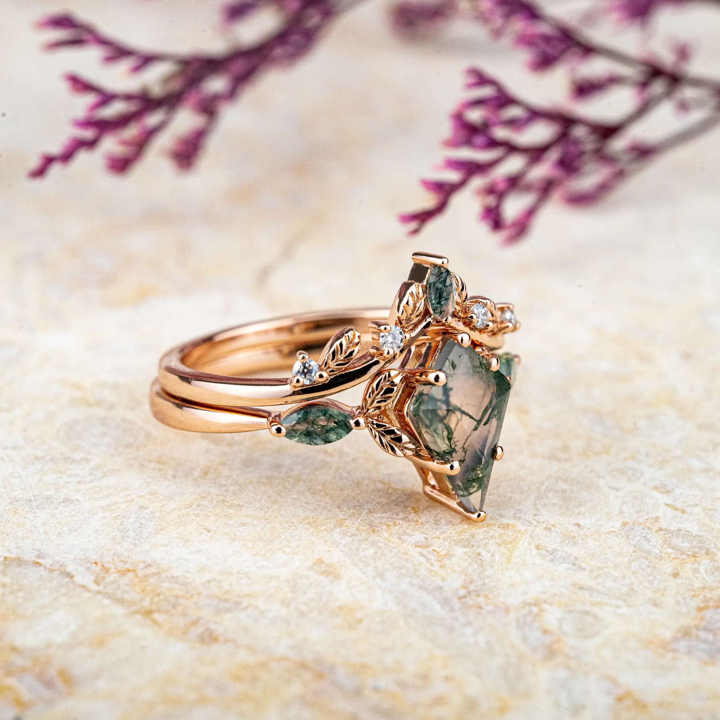 Kite Cut Moss Agate Engagement Ring Set Unique Leaf Type Design,marriage rings,unique engagement rings for women