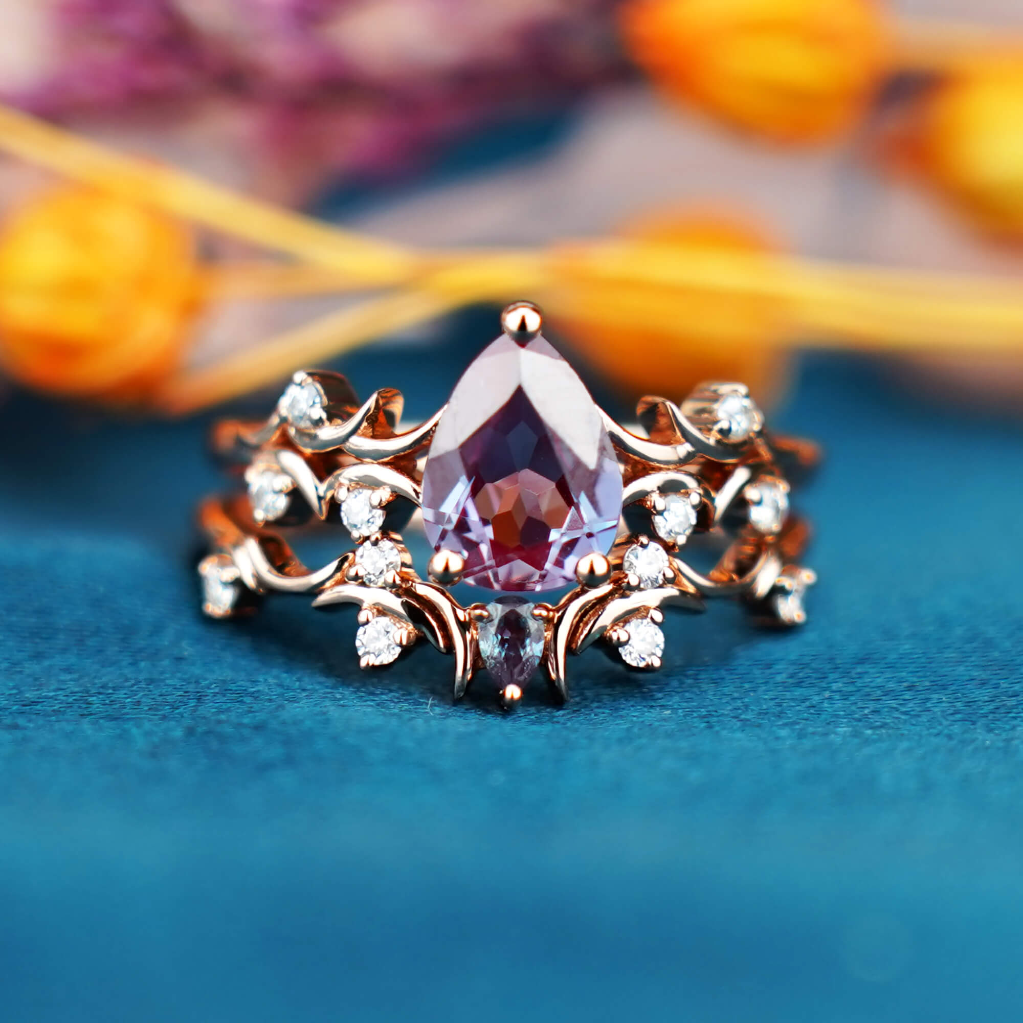 Botanical Elegance Pear Cut Alexandrite Engagement Ring Rose Gold Vintage Moissanite Accents Diamond Floral Twig Design Branch Ring