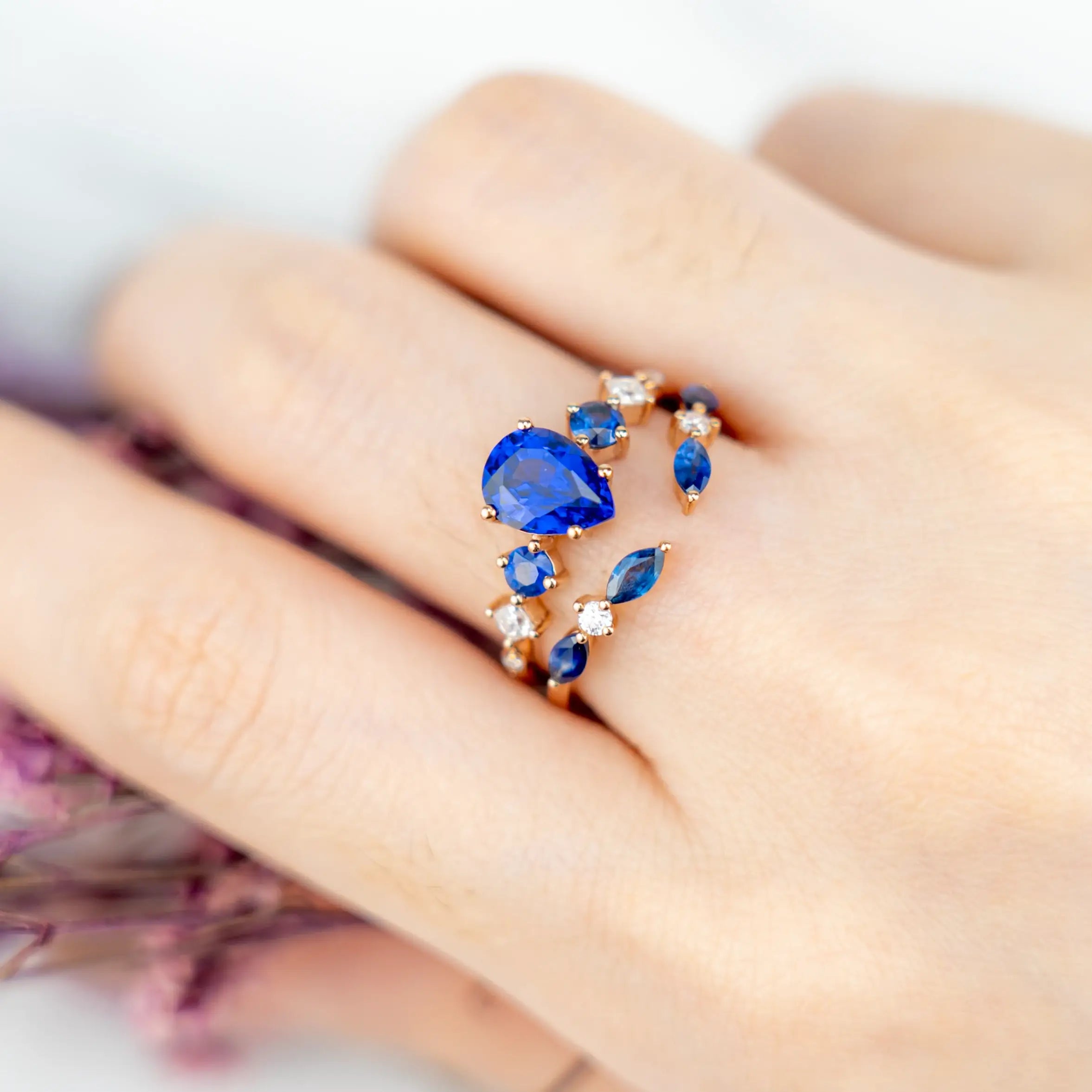 Elegant Pear-Shaped Sapphire Engagement Ring Set Handcrafted Custom Design Rose Gold Band Luxurious and Timeless Jewelry Promise Ring Gift for her