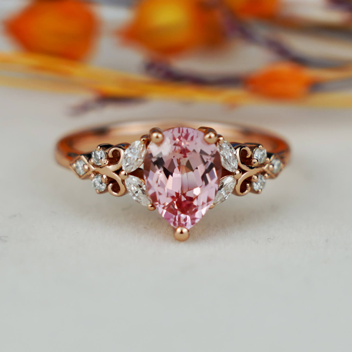 Vintage Peach Sapphire Engagement Ring Delicate Pear Pink Sapphire Wedding Ring Solid Gold Rings Unique Handmade Gift Anniversary Gift Women
