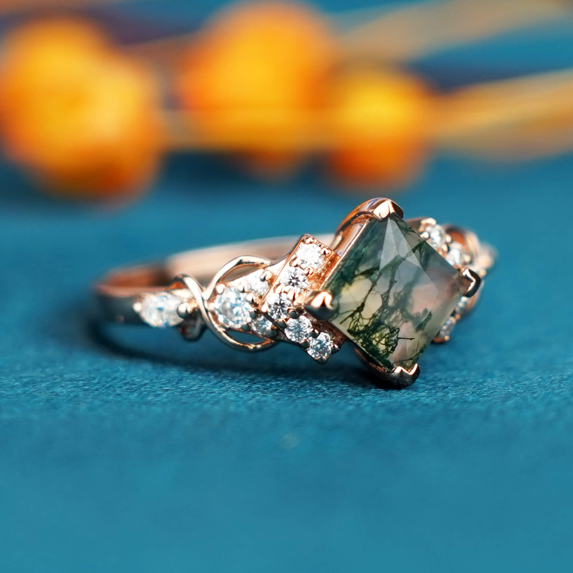 Verdant Monarch Ring-Princess Cut Moss Agate Ring ,art rings,gothic rings