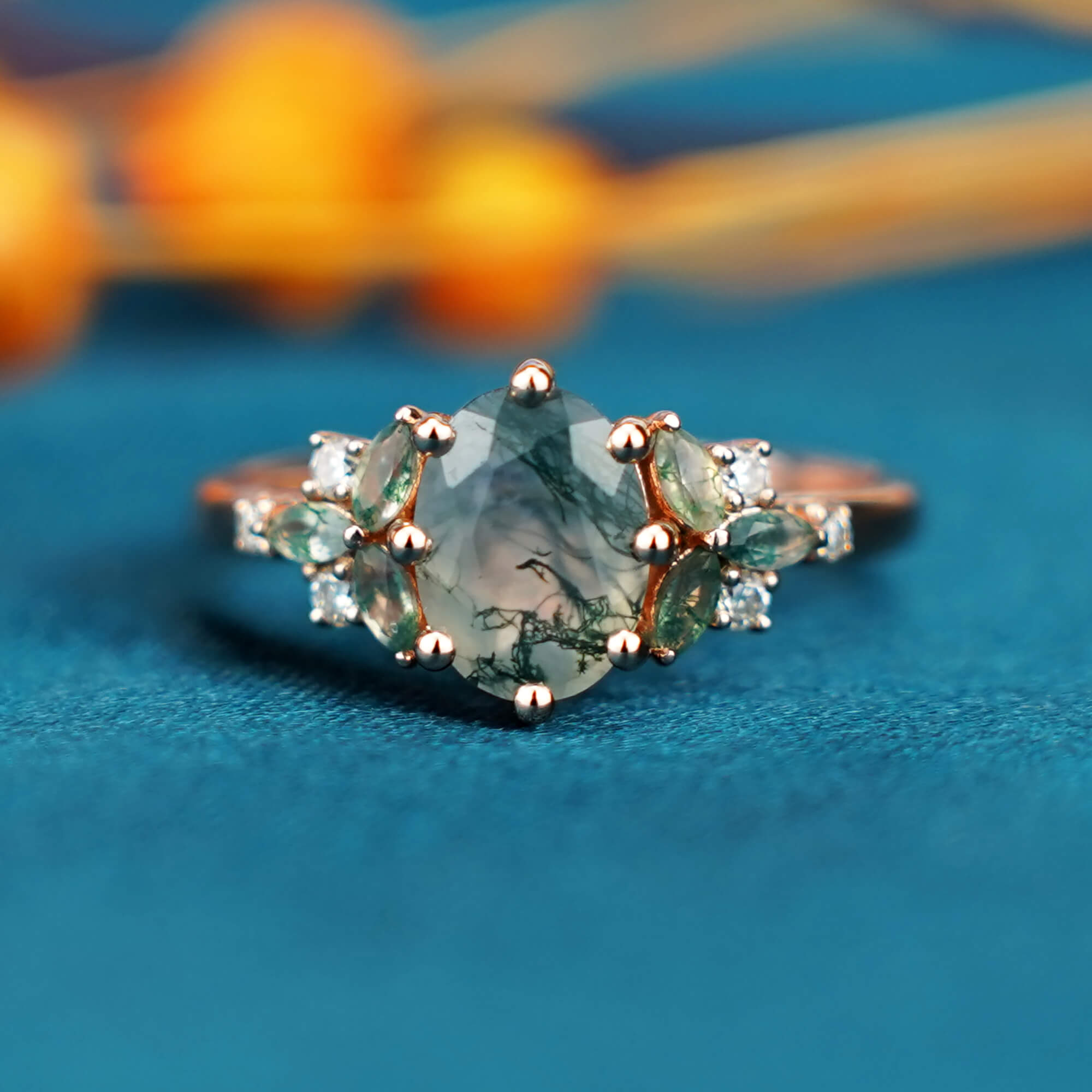 Unique Oval Moss Agate Engagement Ring 14K Solid Gold Handmade Custom Rings For Women Vintage Moissanite Cluster Wedding Ring Promise Gift