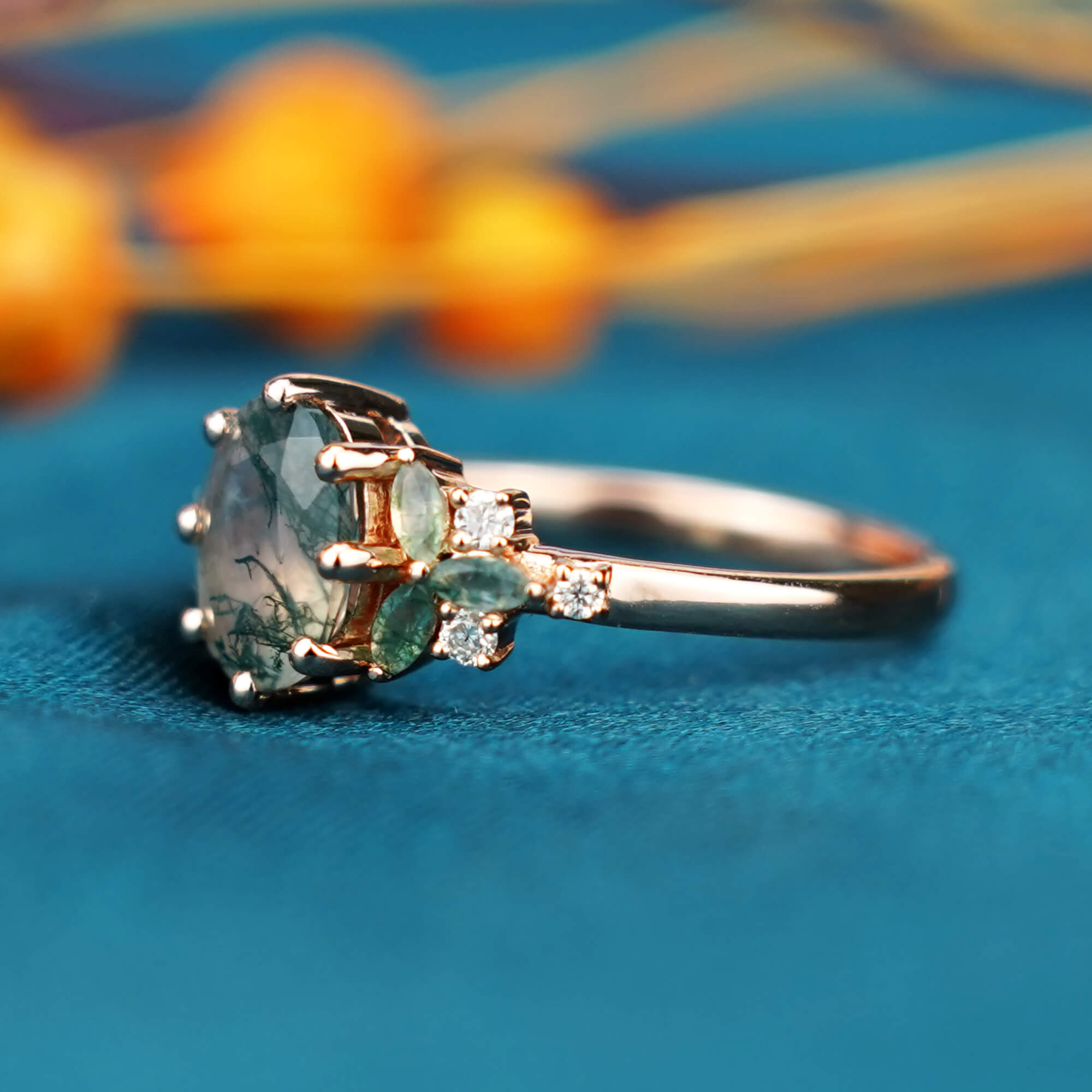 Ink Jade Orchid Ring - Oval Moss Agate Engagement Ring