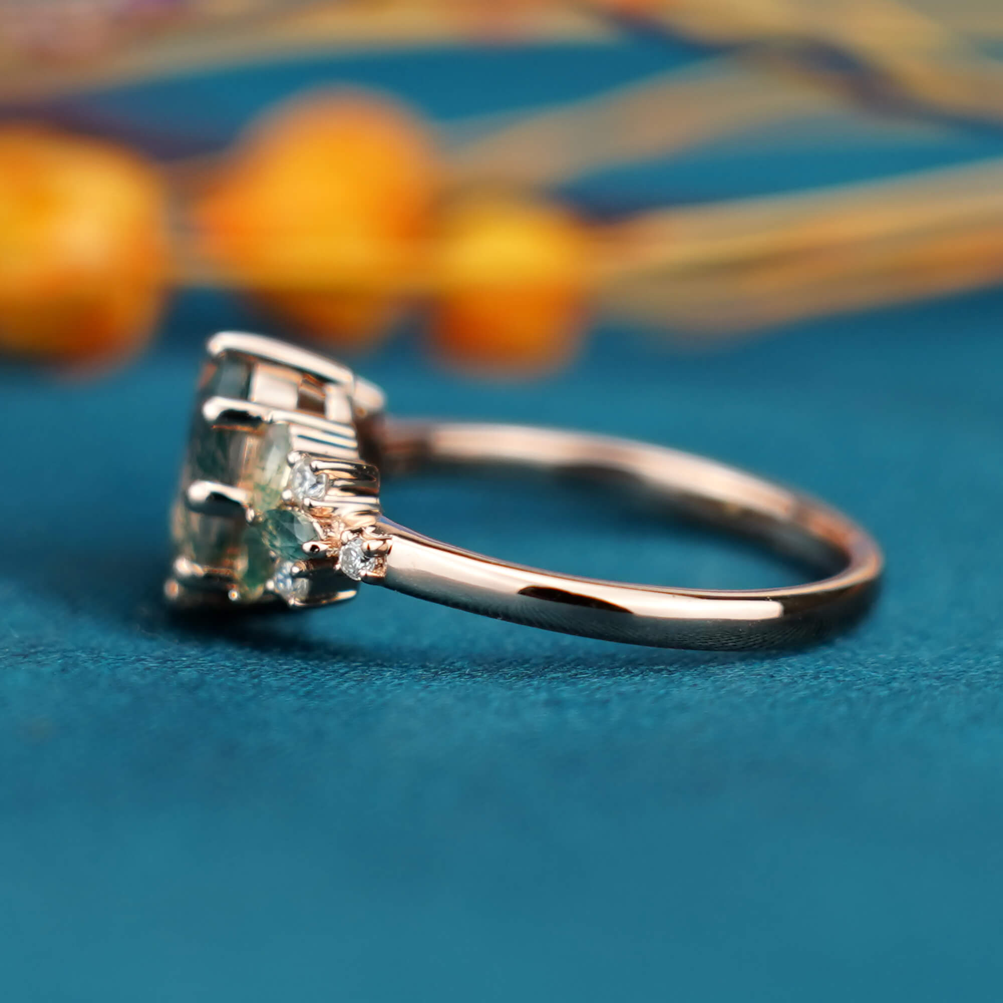 Ink Jade Orchid Ring - Oval Moss Agate Engagement Ring