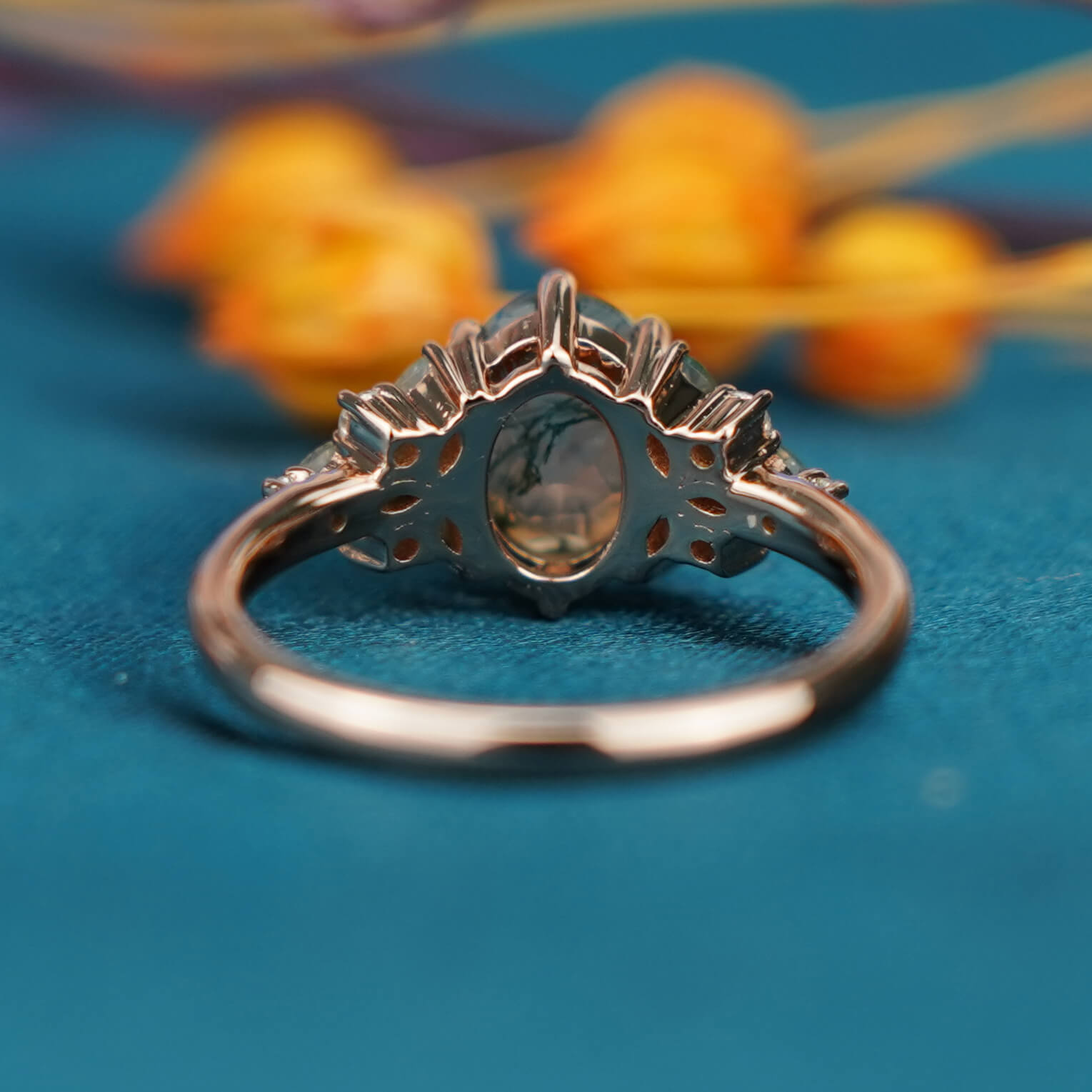 Ink Jade Orchid Ring - Oval Moss Agate Engagement Ring