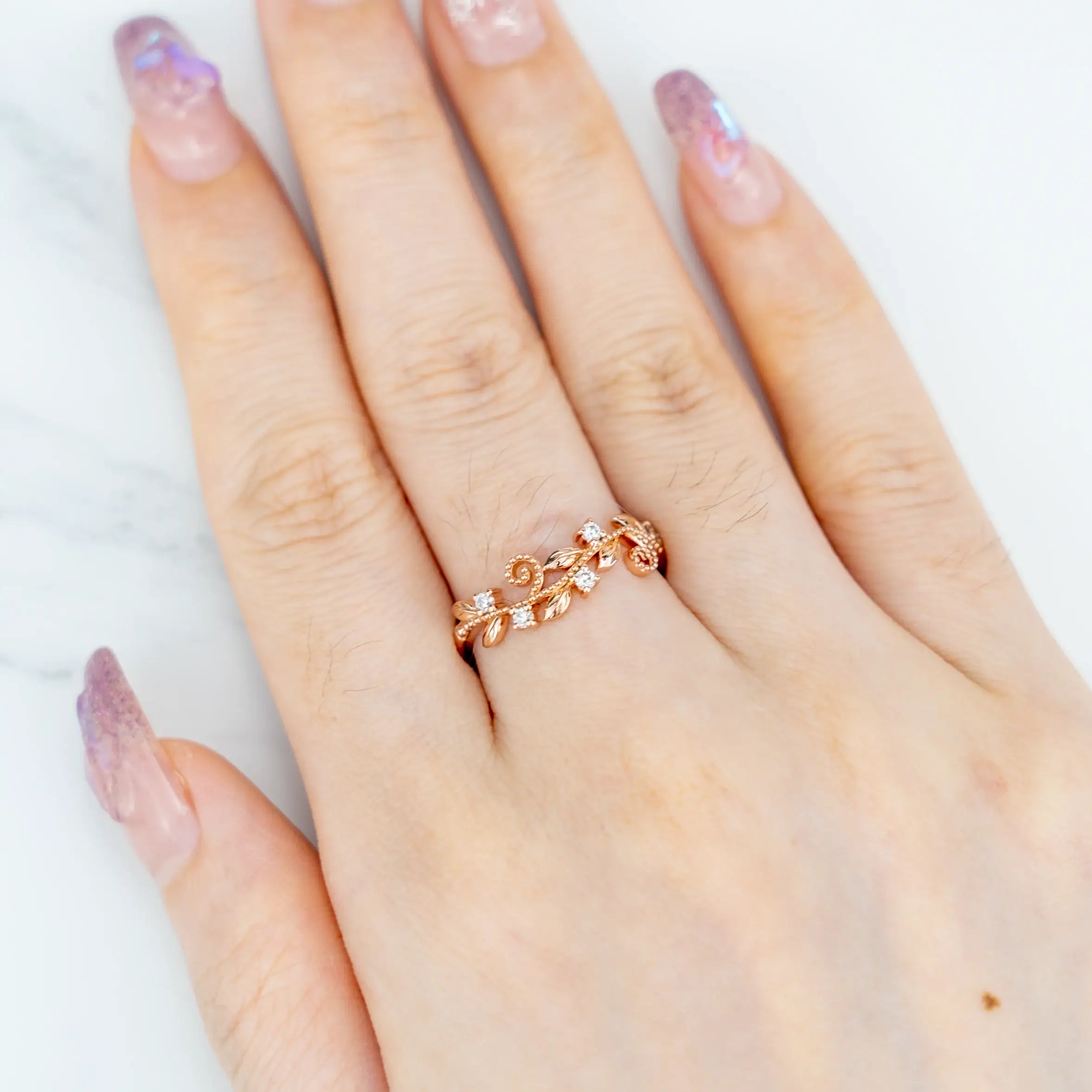 Nature-Inspired Leaf Ring Unique Diamond Wedding Band rose gold ring promise band for ladies