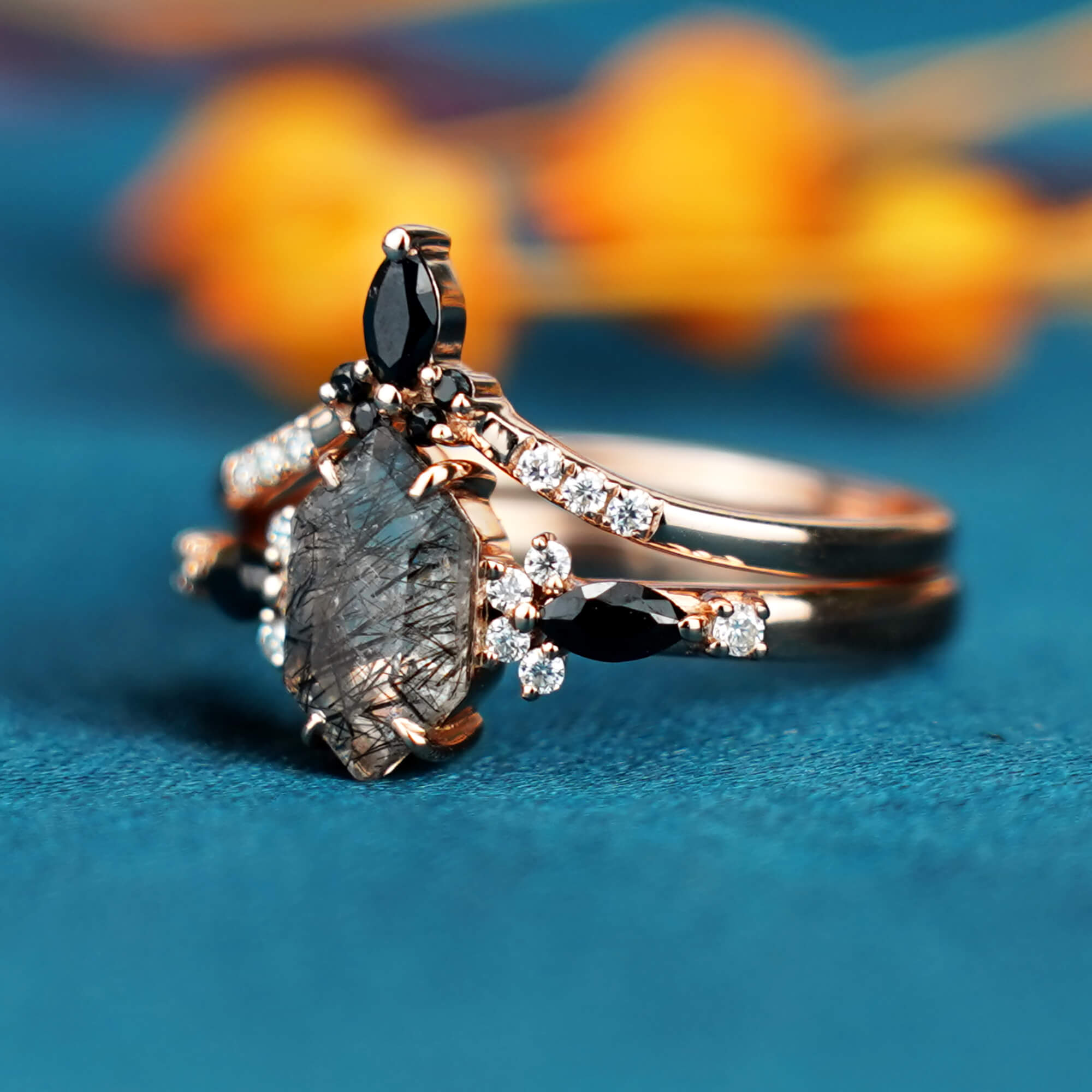 Obsidian Whisper Ring Black Rutilated Quartz Engagement Ring Set, unique birthstone ring for women gift,anniversary rings,gothic rings
