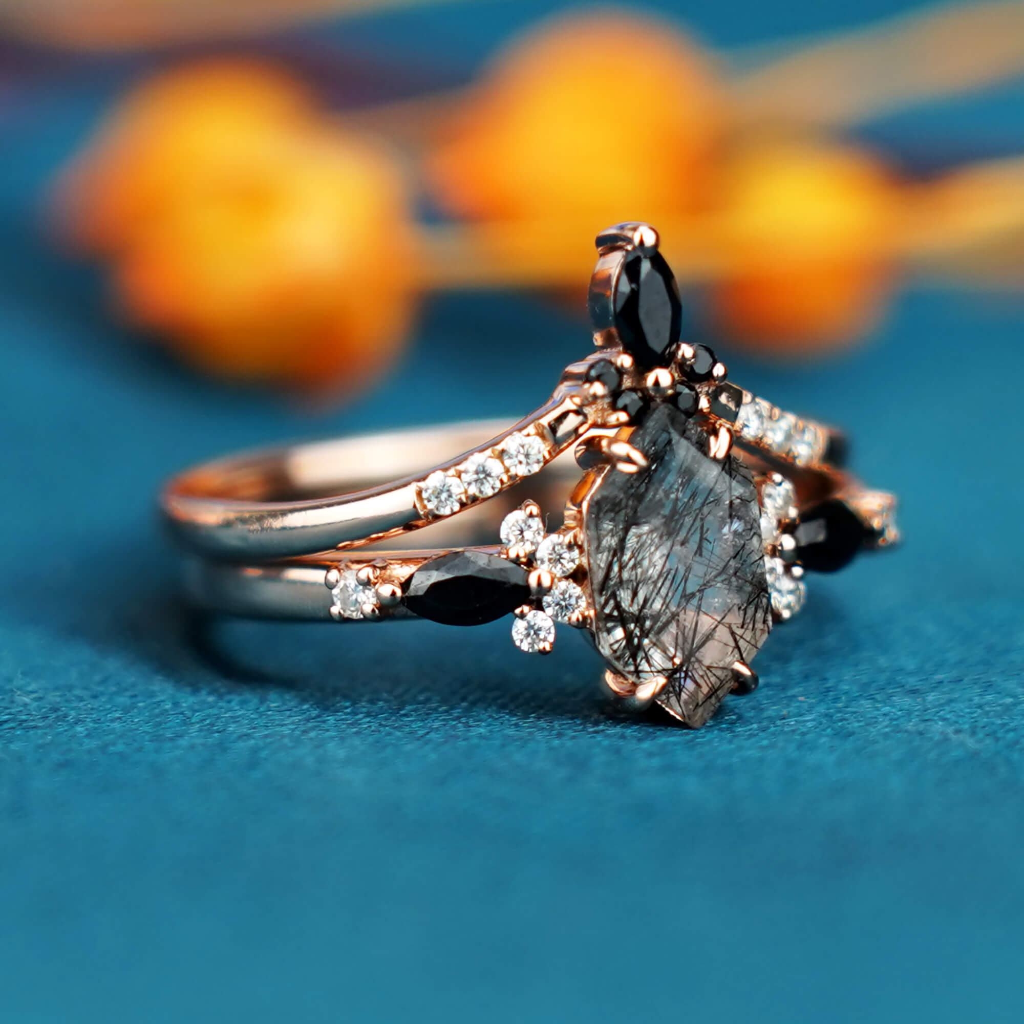 Obsidian Whisper Ring Black Rutilated Quartz Engagement Ring Set, unique birthstone ring for women gift,anniversary rings,gothic rings