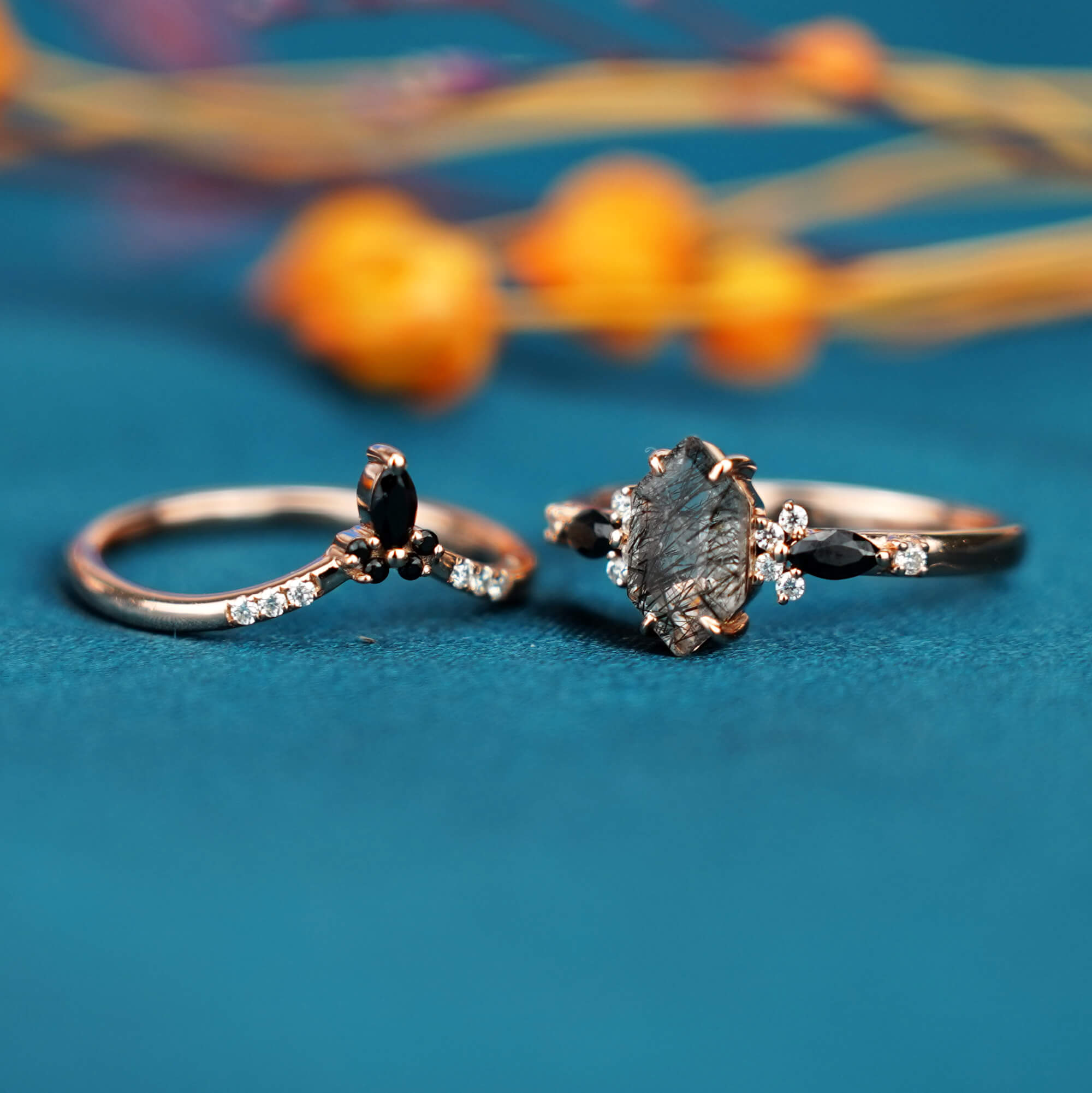 Obsidian Whisper Ring Schwarzer Rutilquarz Verlobungsring Set