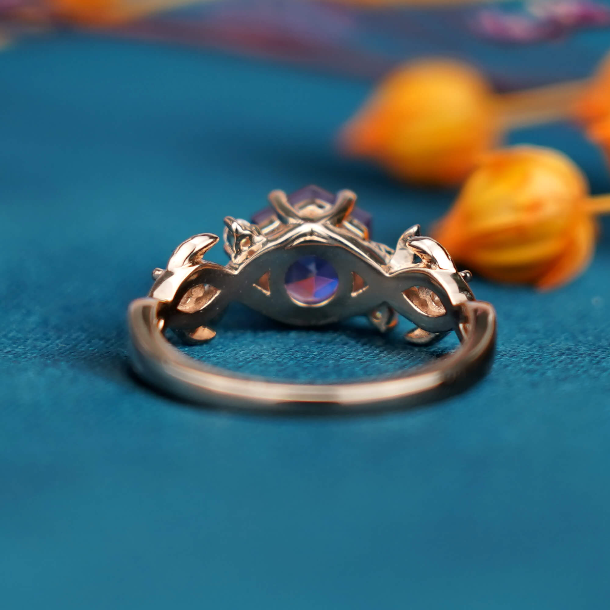 Leaf Whisper Ring-Enchanting Hexagonal Amethyst Ring