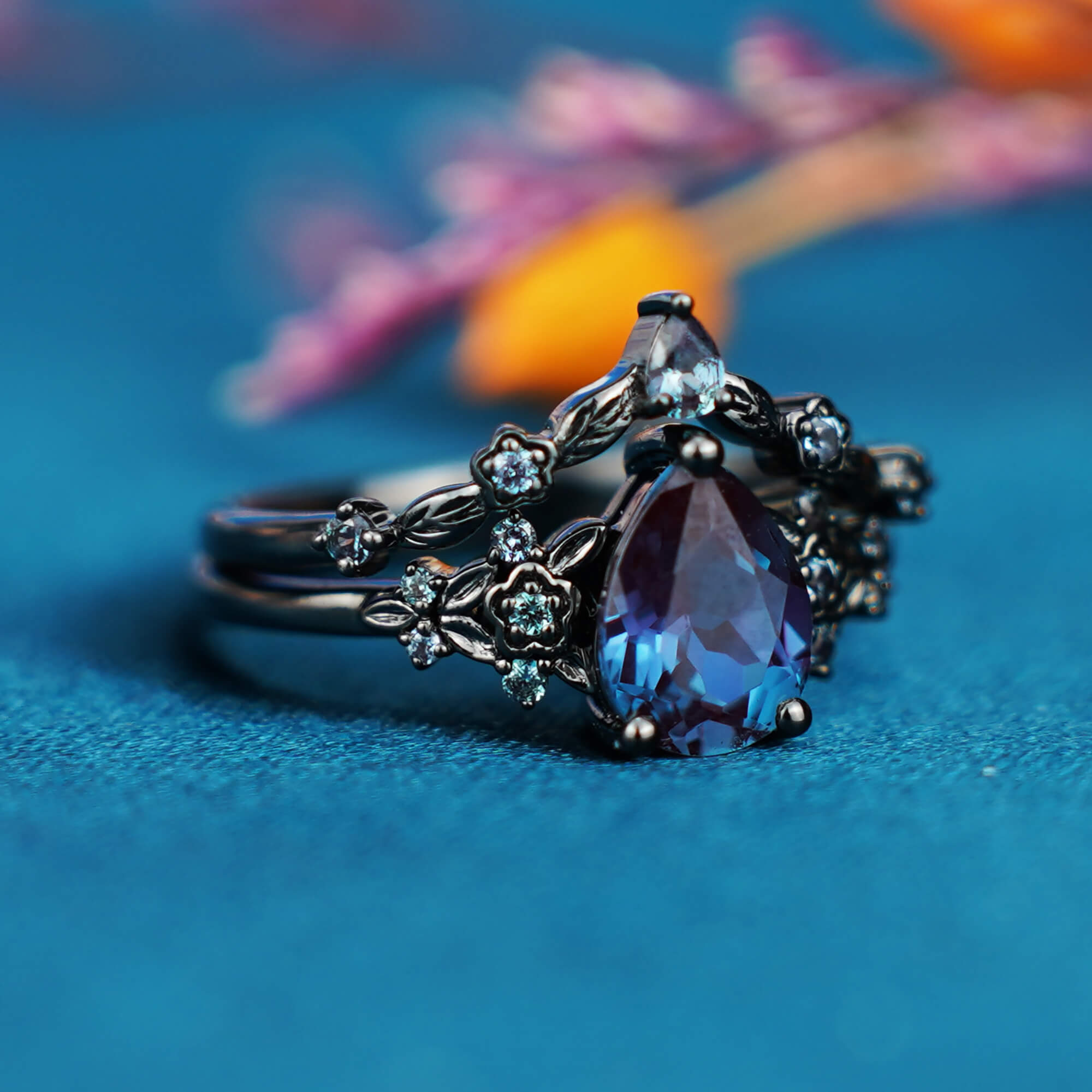 Gothic Black Gold Pear Shape Alexandrite Engagement Ring Set for women promise wife
