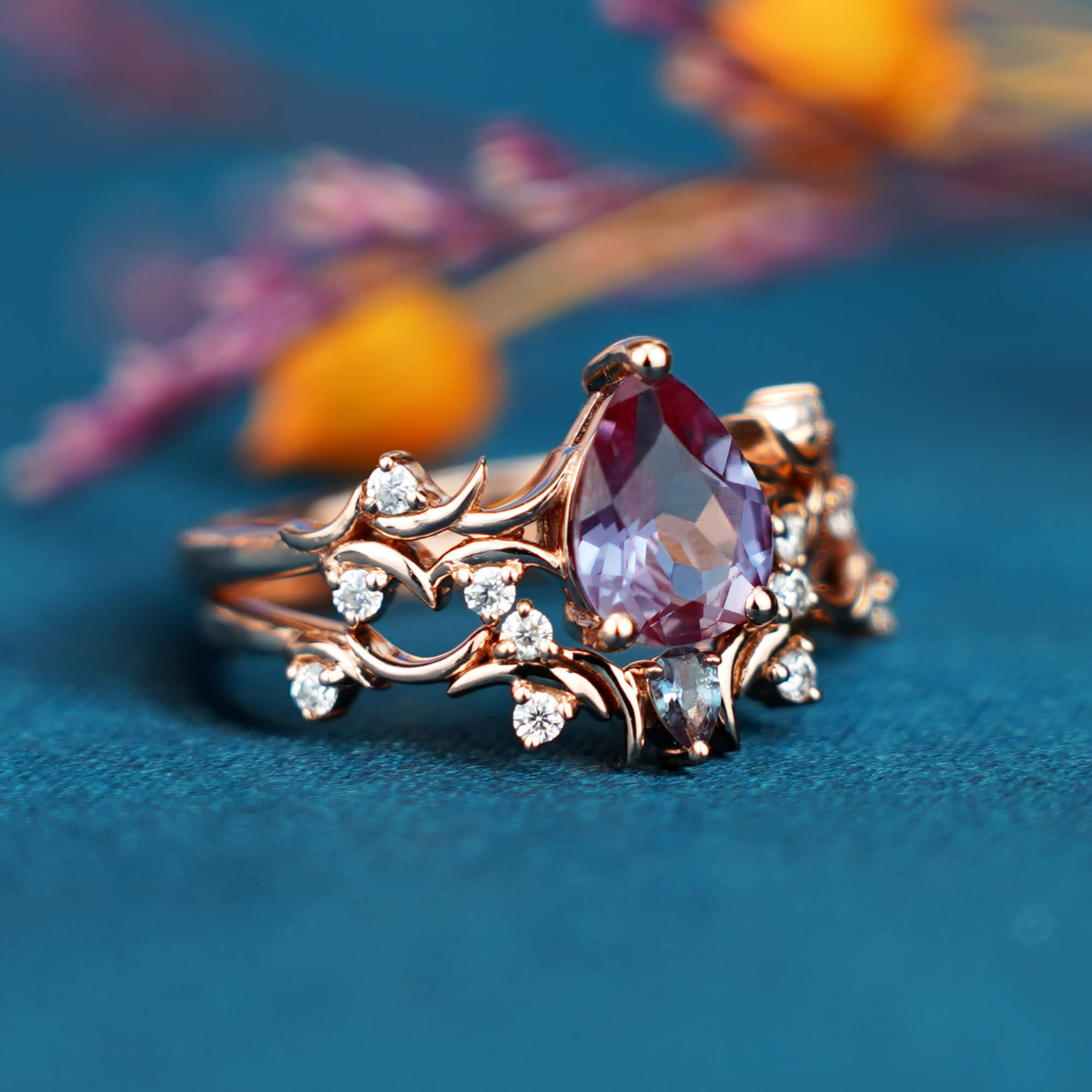 Floral Twig Design Branch Ring Engagement Ring Alexandrite | Aurumluminos art design