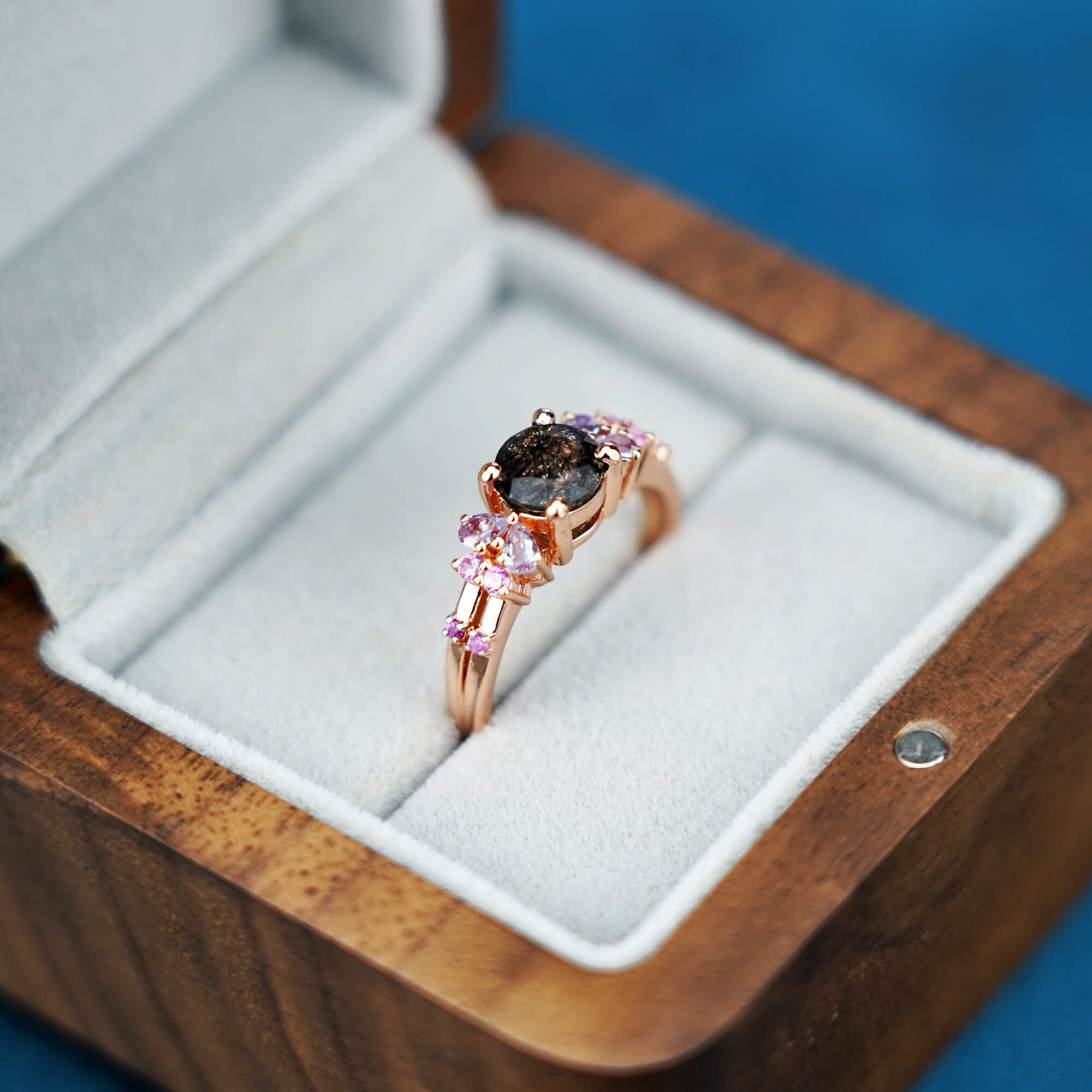 Elegant 14K Rose Gold & Black Quartz Engagement Ring