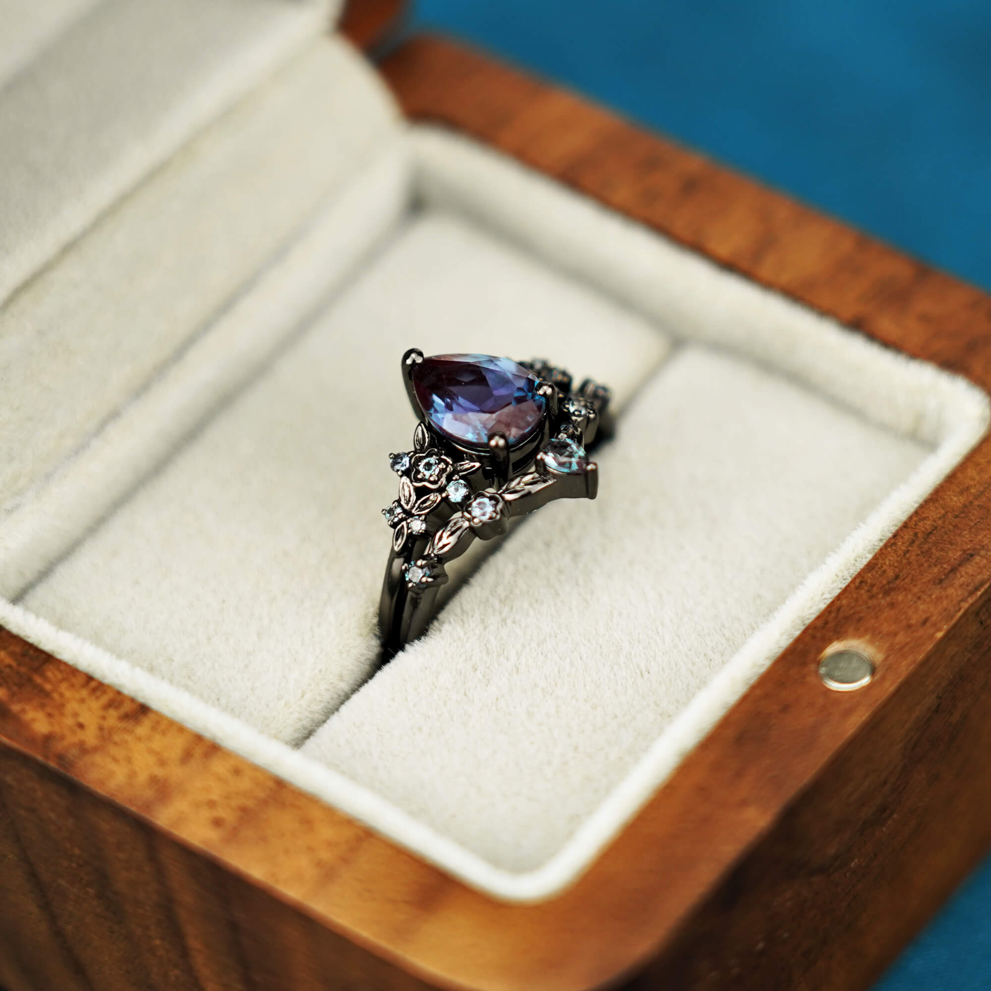 Gothic Black Gold Pear Shape Alexandrite Engagement Ring Set for women promise wife