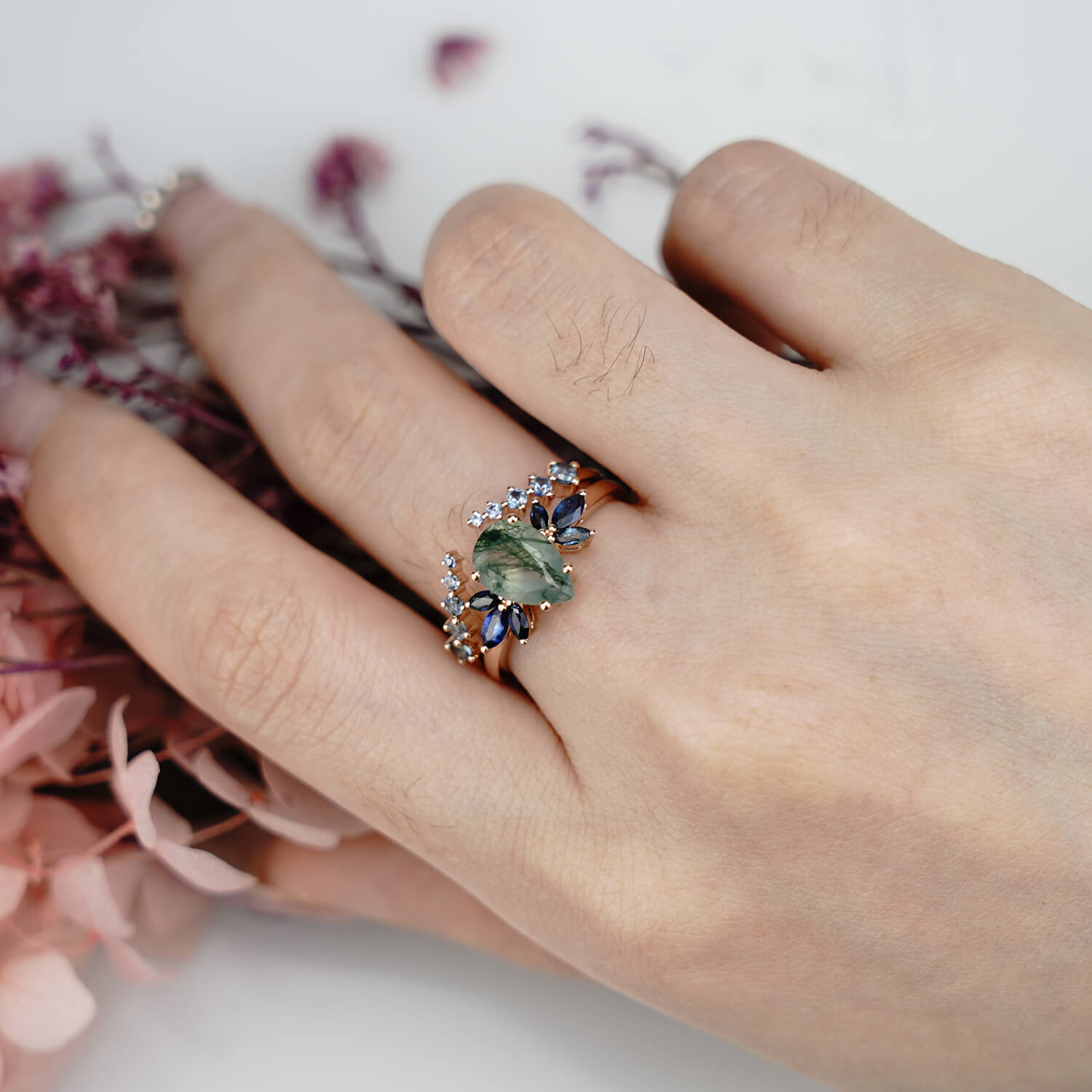 1,3 Karat Birnenschliff Moosachat Verlobungsring Set Damen Blumenringe