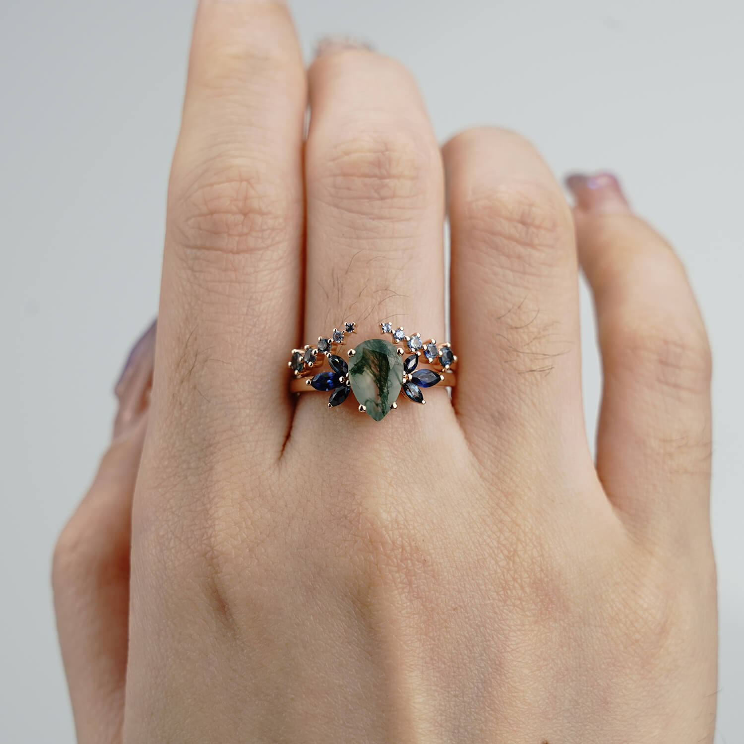 1,3 Karat Birnenschliff Moosachat Verlobungsring Set Damen Blumenringe