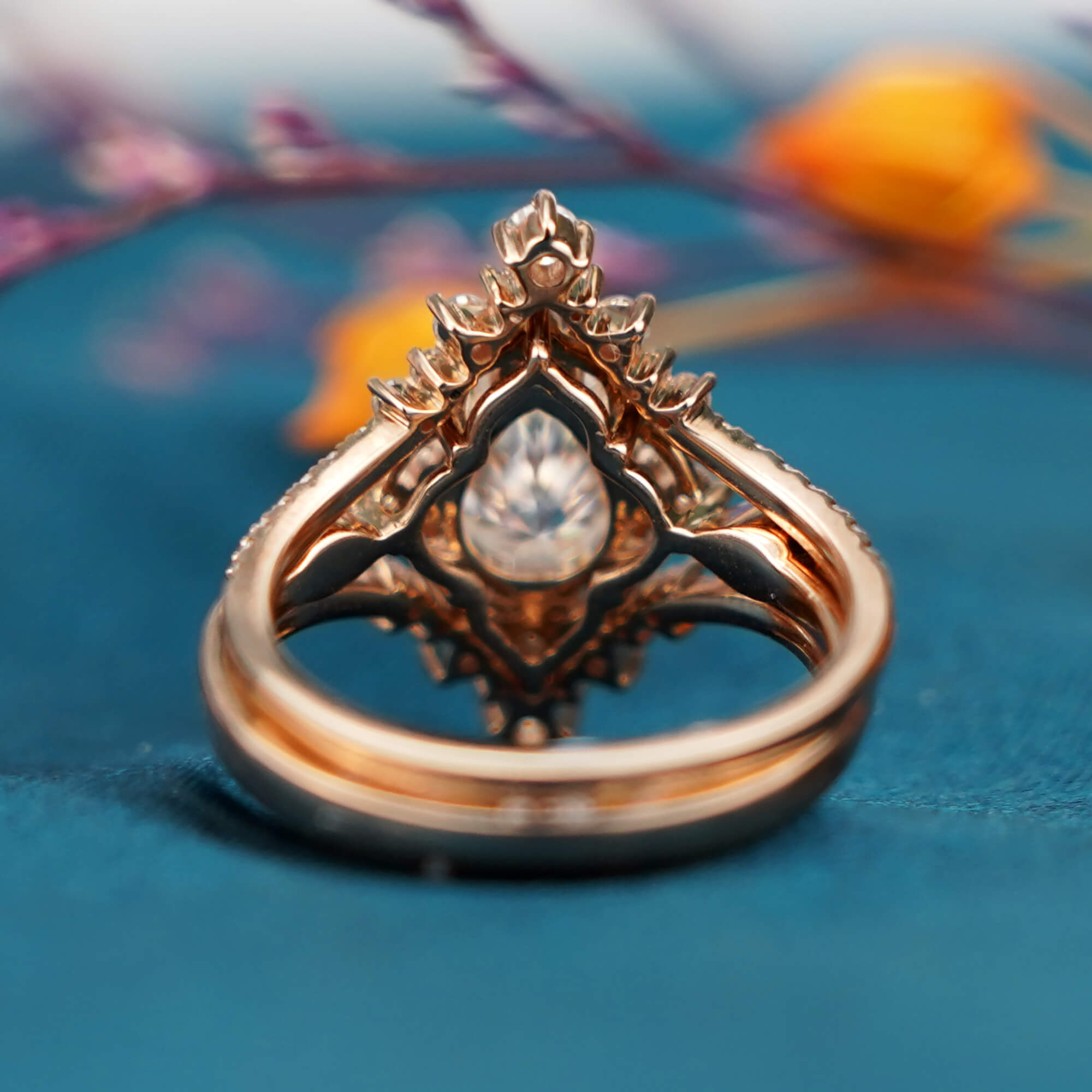 Vintage Cluster Moissanite Engagement Ring Wedding Trio Set