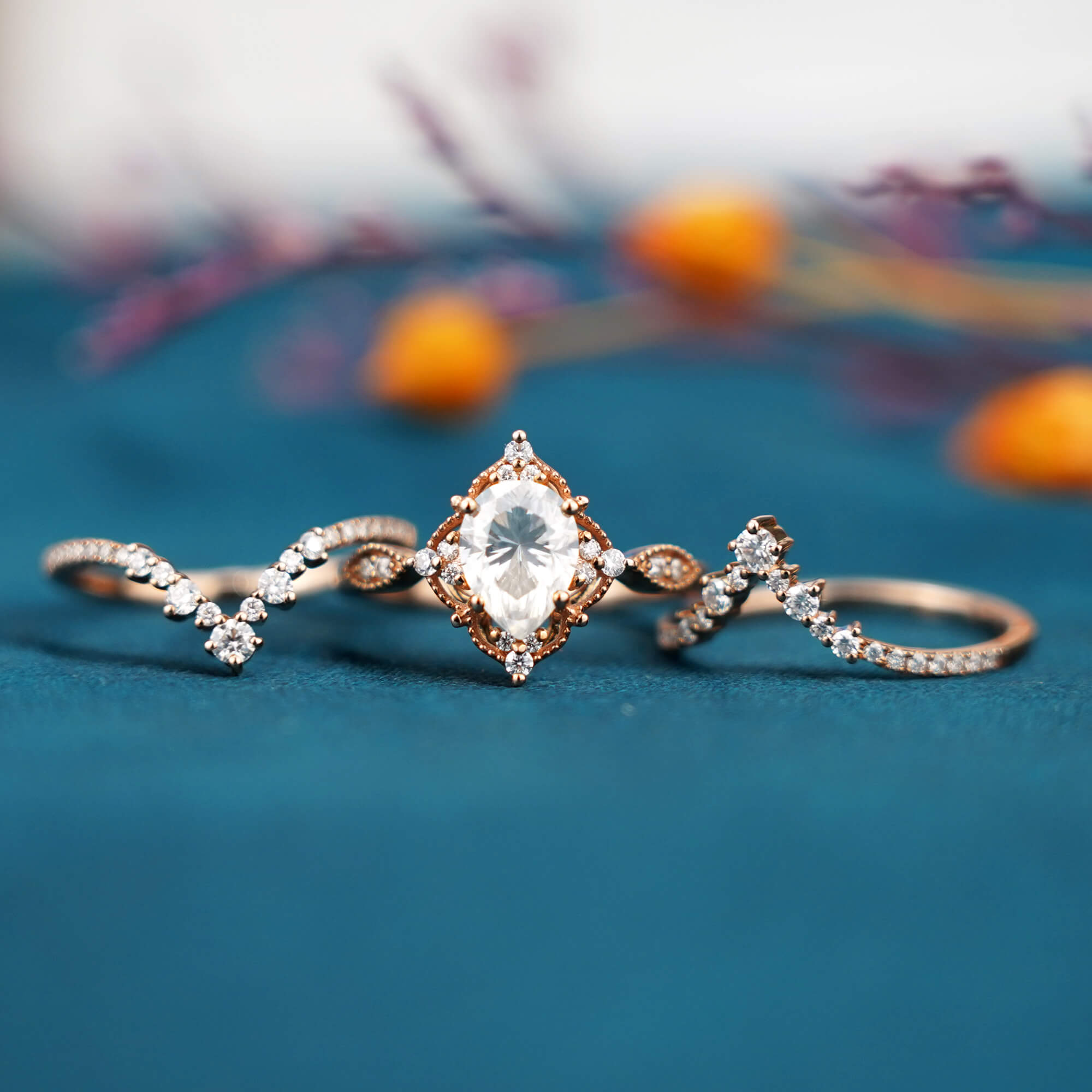 Vintage Cluster Moissanite Engagement Ring Wedding Trio Set