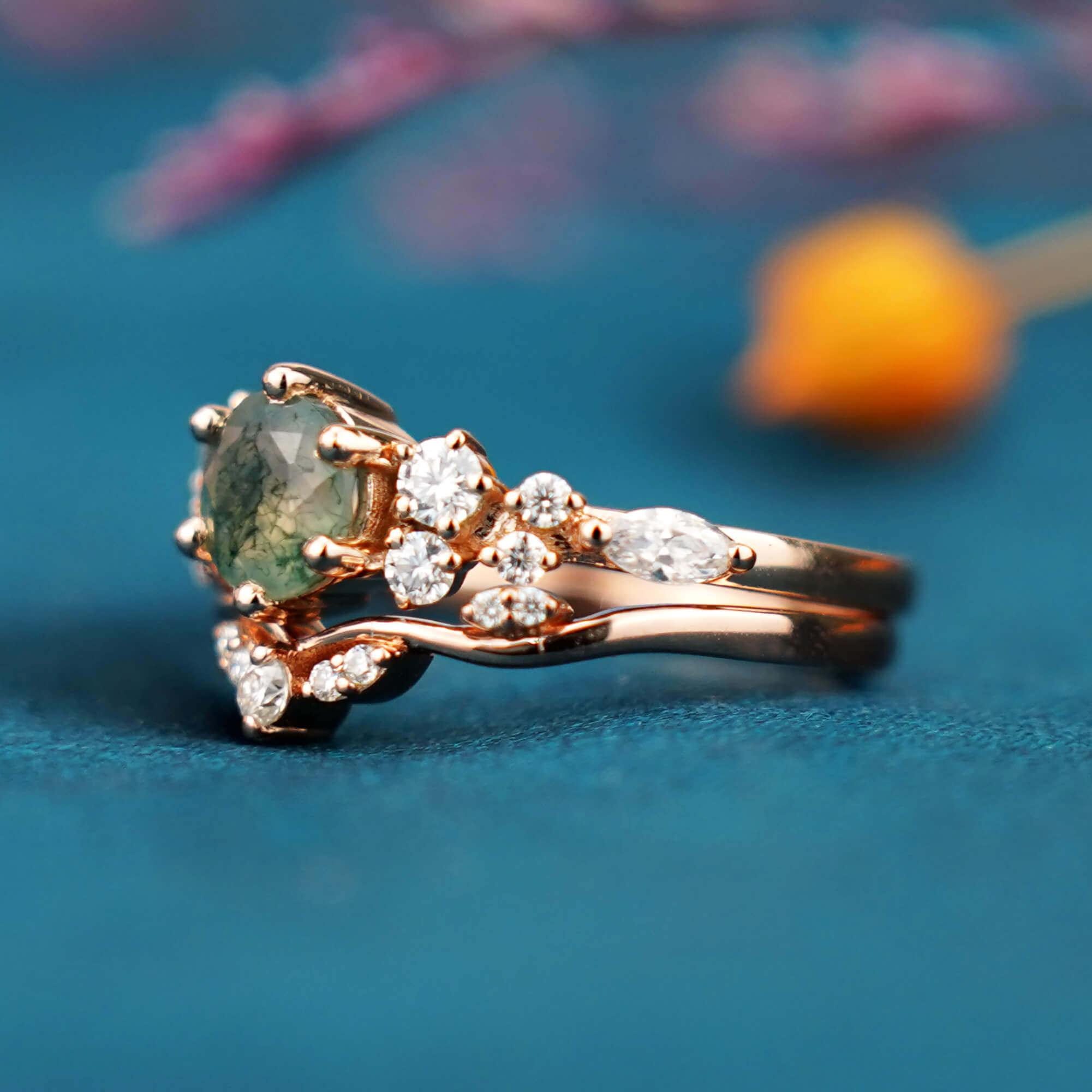 Vintage Runder Moosachat Verlobungsring Set Cluster Ring