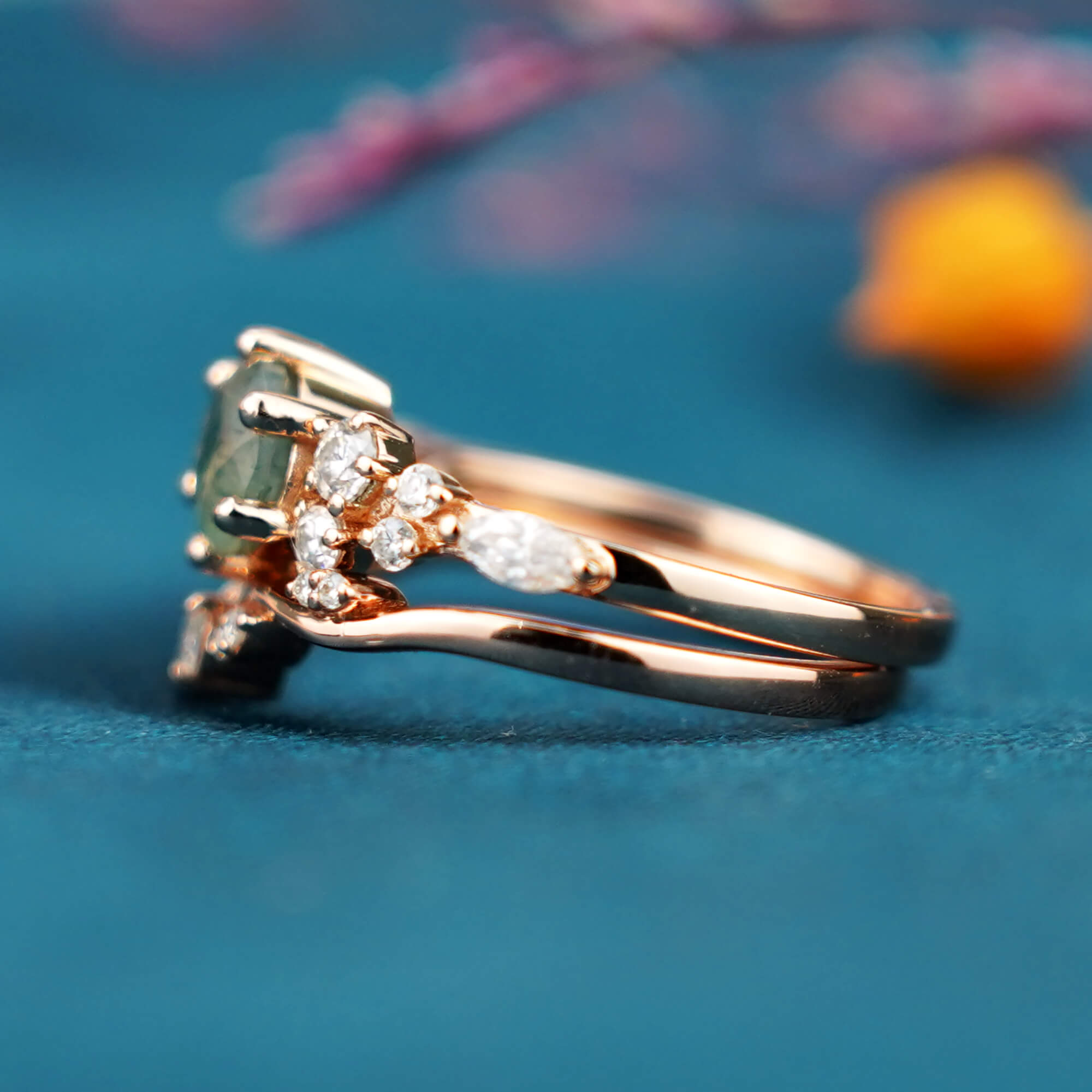 Vintage Runder Moosachat Verlobungsring Set Cluster Ring