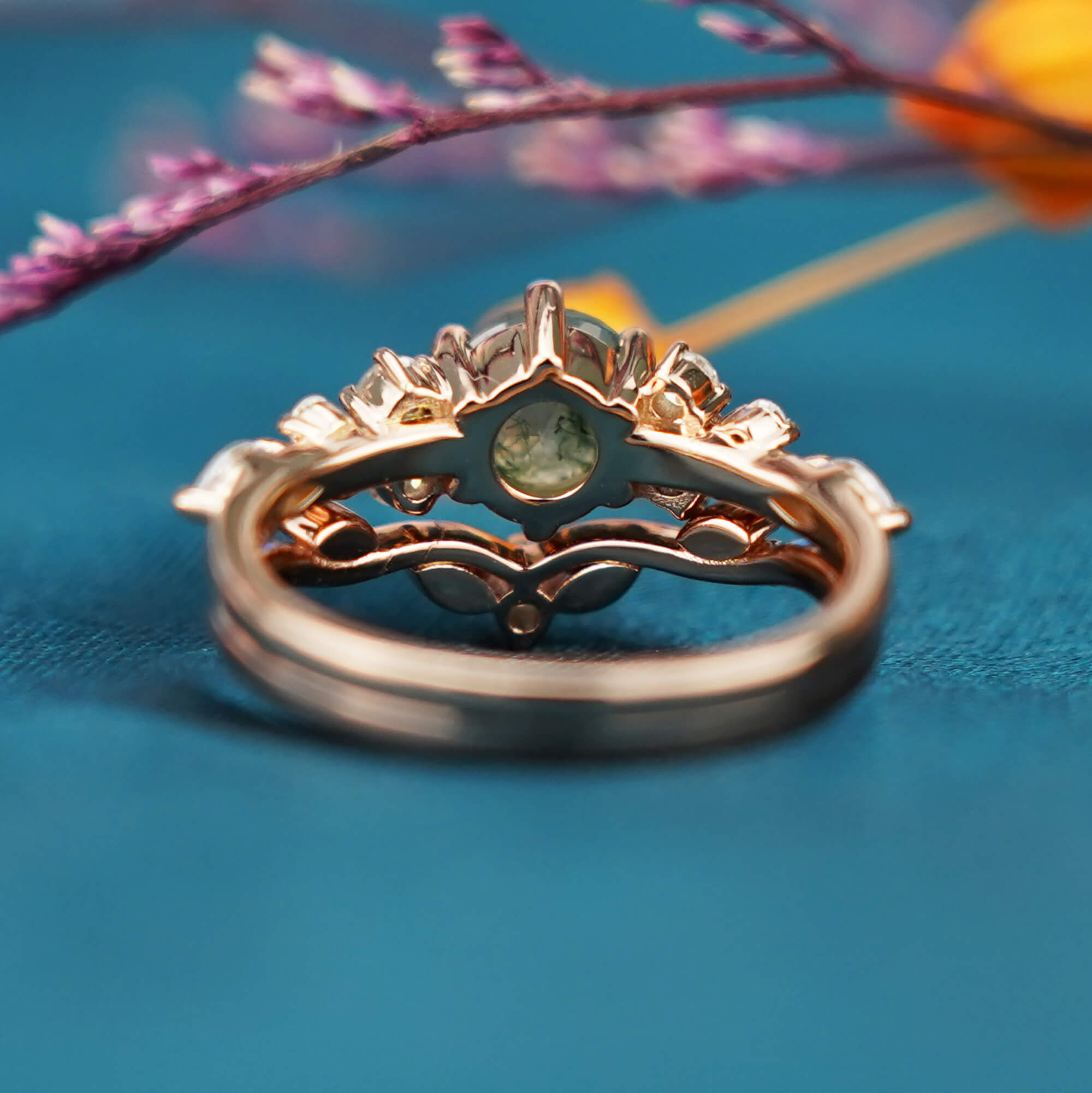 Vintage Runder Moosachat Verlobungsring Set Cluster Ring