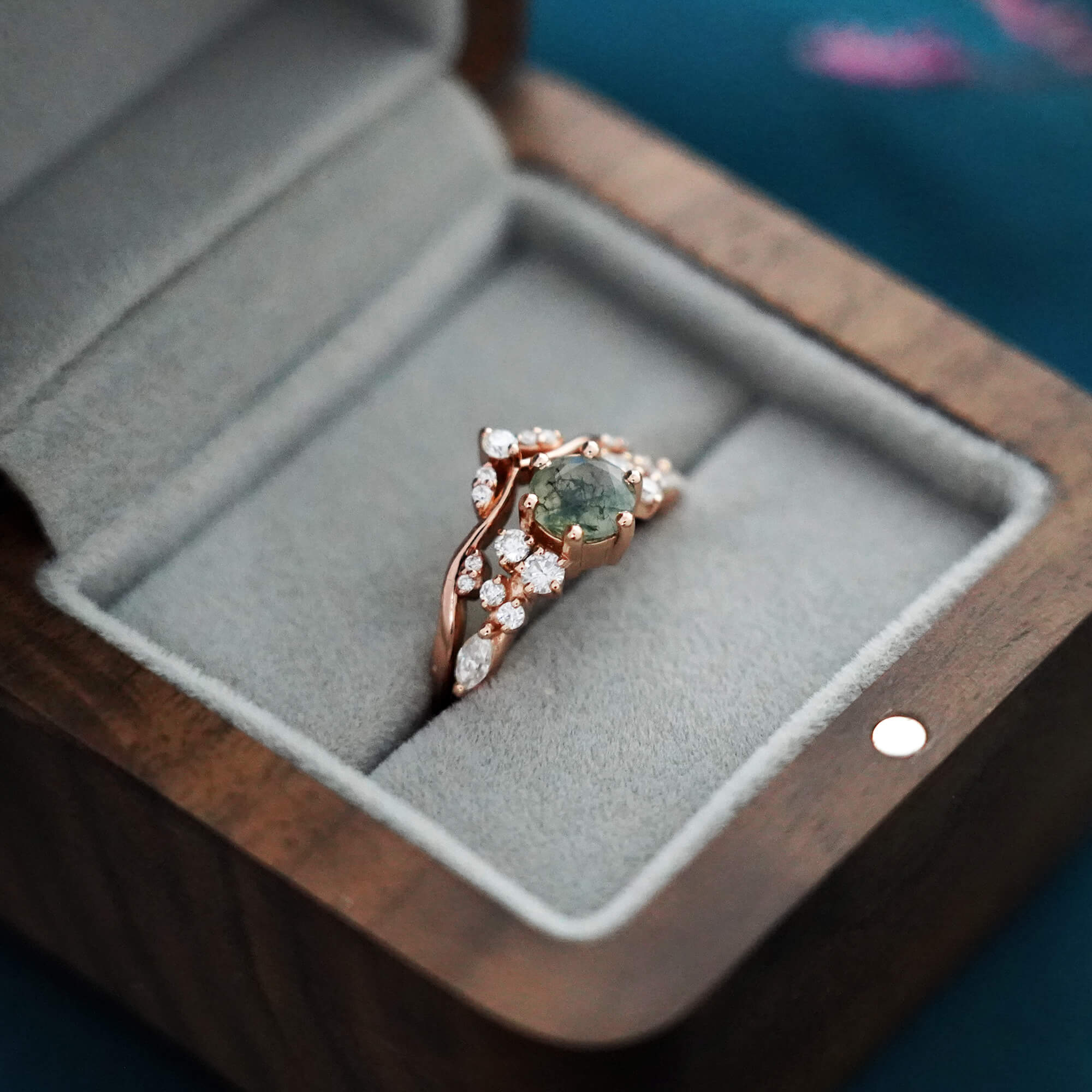 Vintage Runder Moosachat Verlobungsring Set Cluster Ring