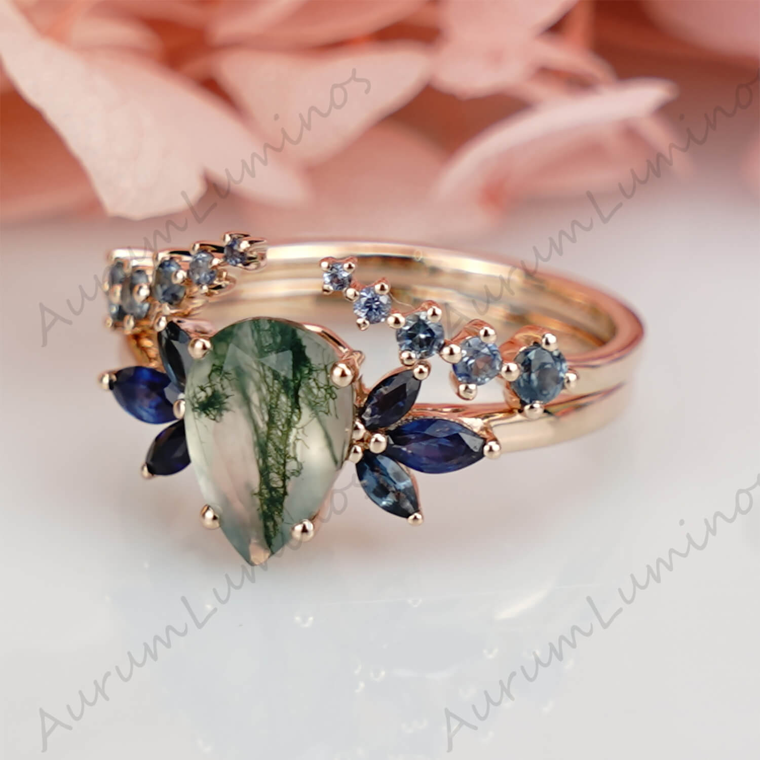 1,3 Karat Birnenschliff Moosachat Verlobungsring Set Damen Blumenringe