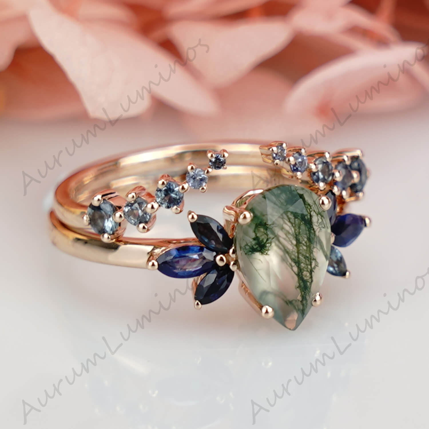 1,3 Karat Birnenschliff Moosachat Verlobungsring Set Damen Blumenringe