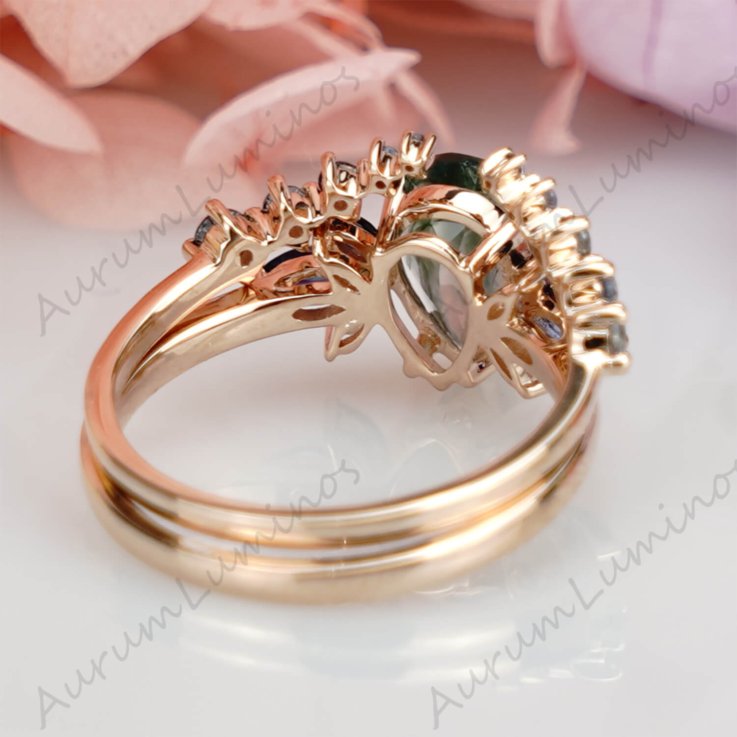 1,3 Karat Birnenschliff Moosachat Verlobungsring Set Damen Blumenringe