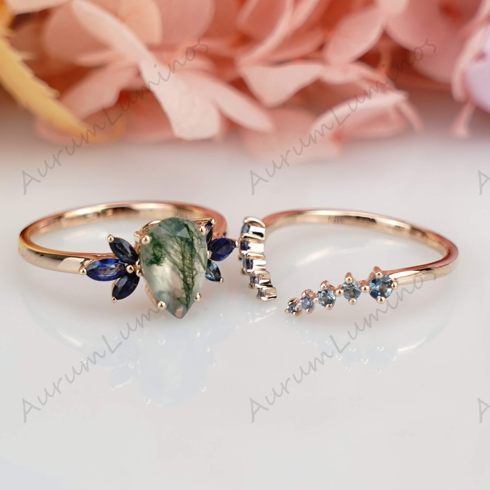 1,3 Karat Birnenschliff Moosachat Verlobungsring Set Damen Blumenringe