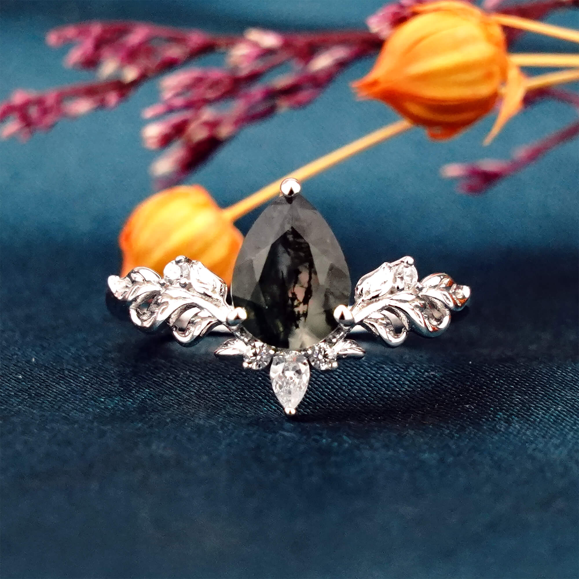 Ink Blossom Moss Agate Ring14K White Gold Leaves Ring Unique Handmade Engagement Rings Promise Anniversary Rings Gifts for Women