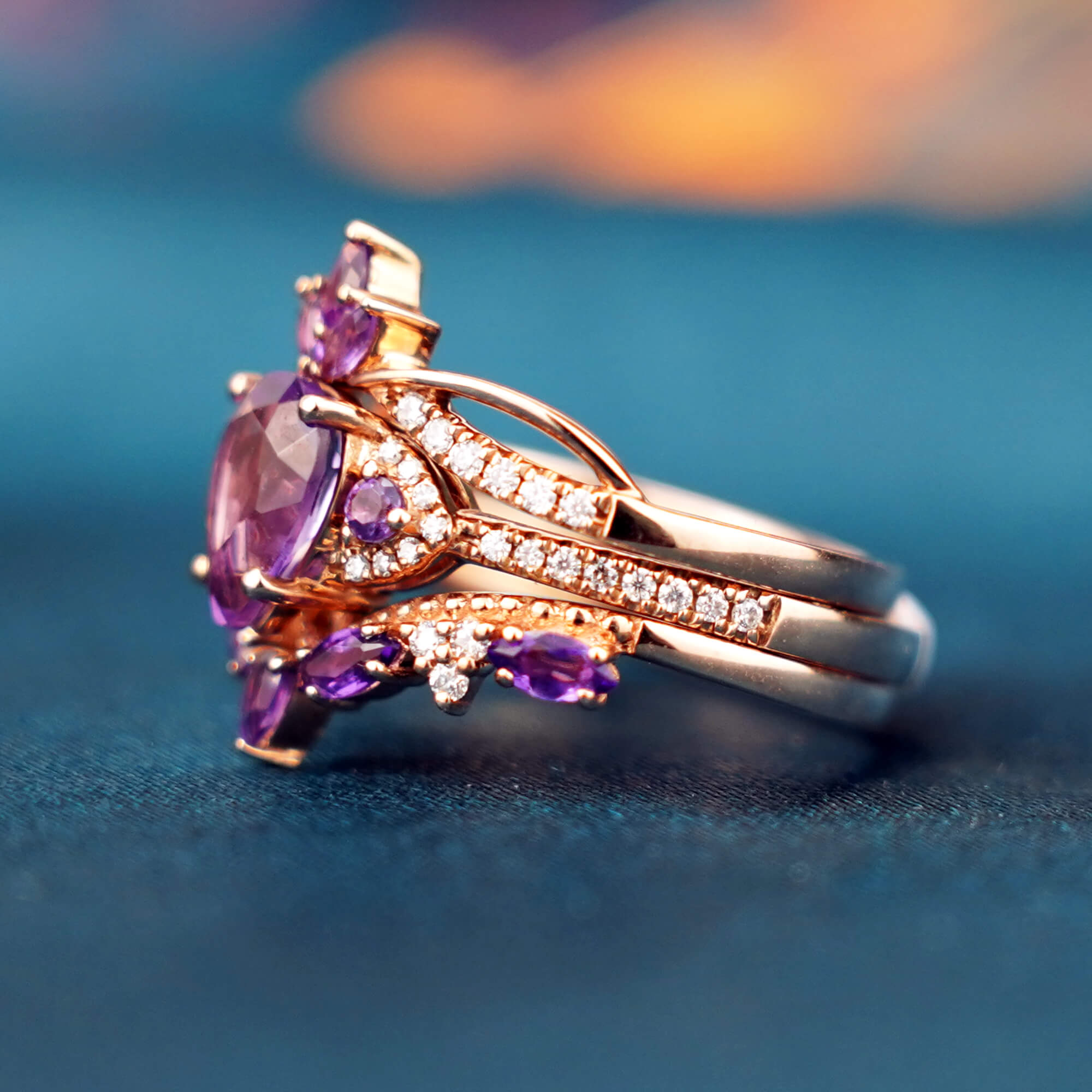 Royal Amethyst Trine Rings 14k Gold Custom Engagement Rings Set Unique Vintage Classic Handmade Ring Anniversary Ring Gift promise Rings