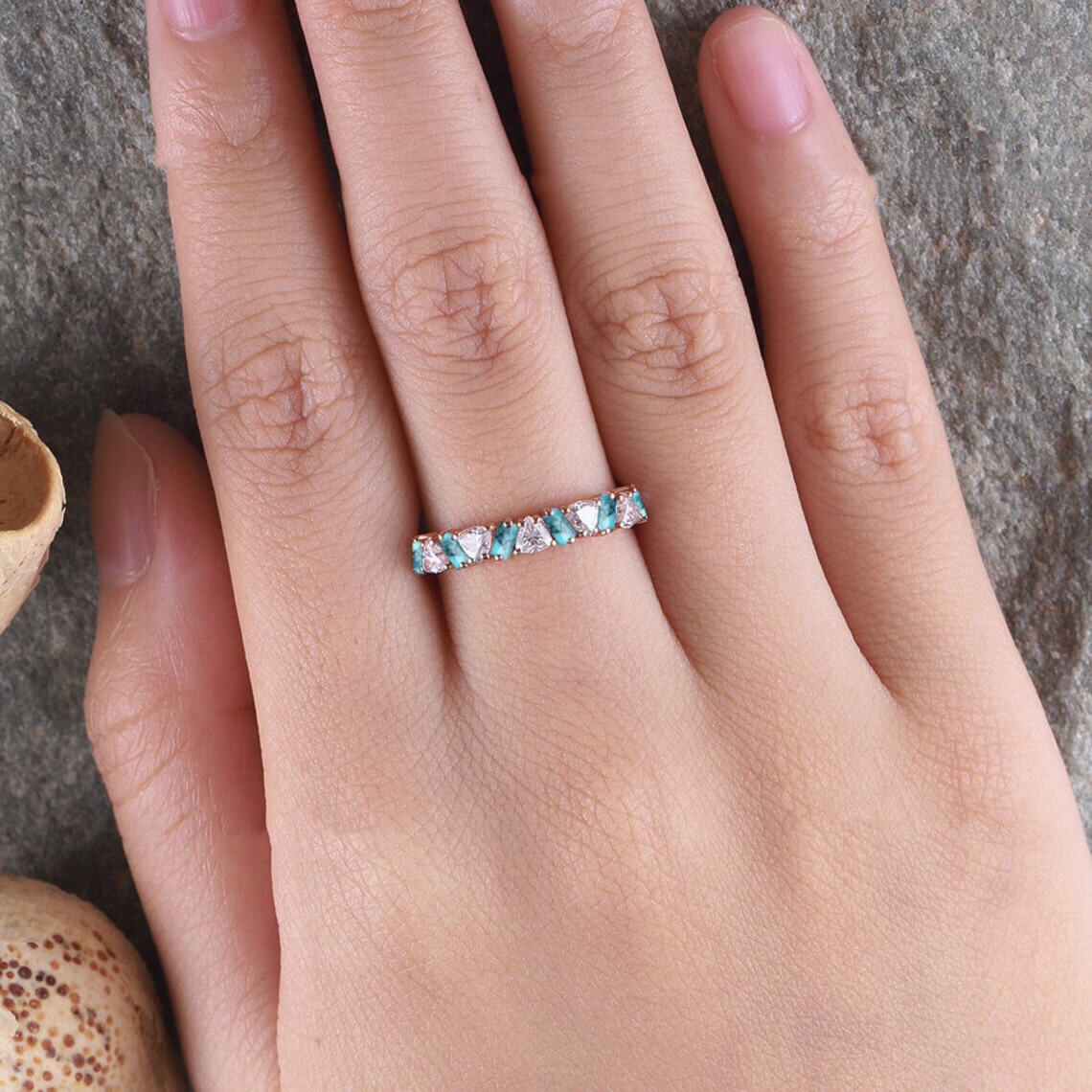 Triangle Cut Moissanite Wedding Band Unique Baguette Black Quartz Rutilated Half Eternity Stacking Ring