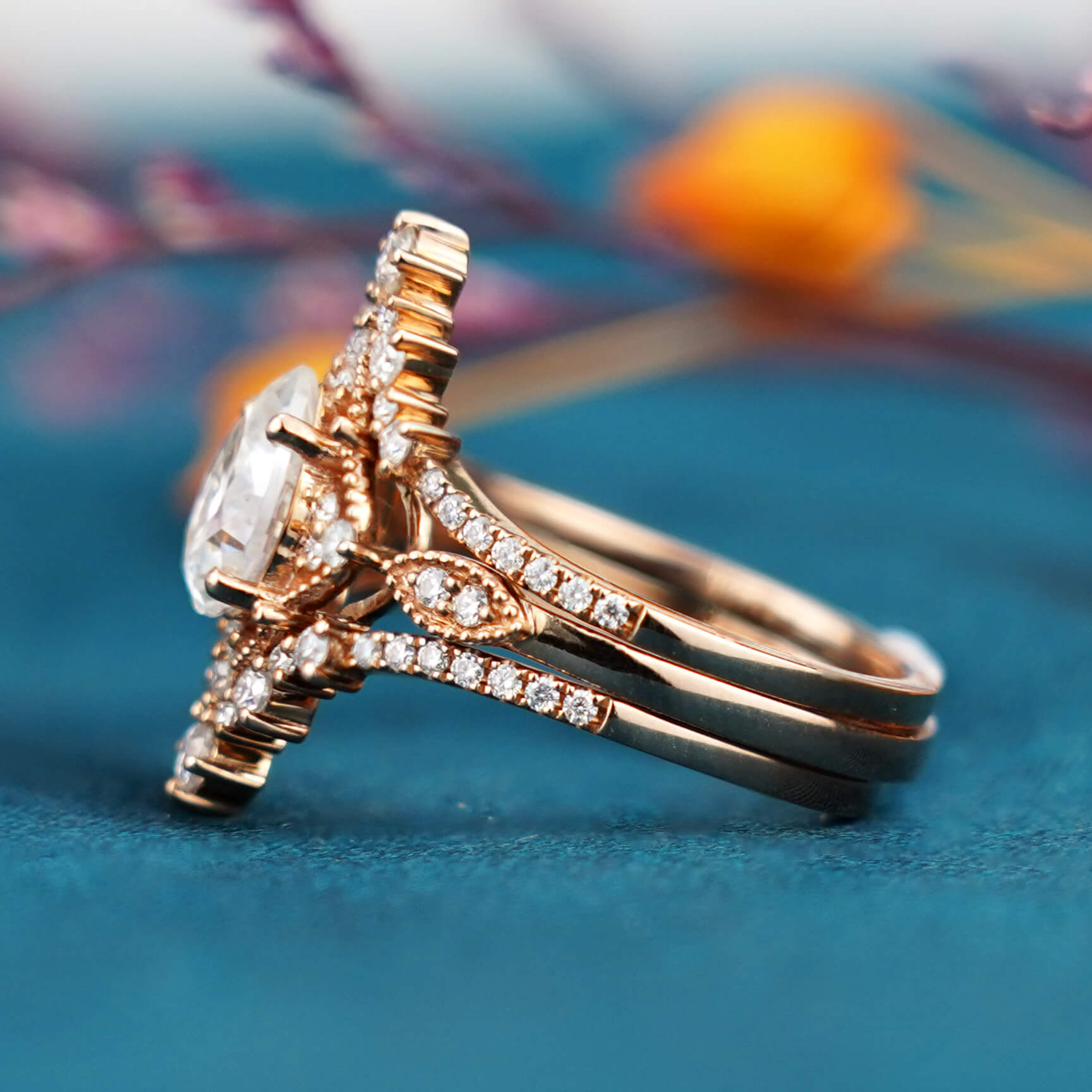 Vintage Cluster Moissanite Engagement Ring Wedding Trio Set