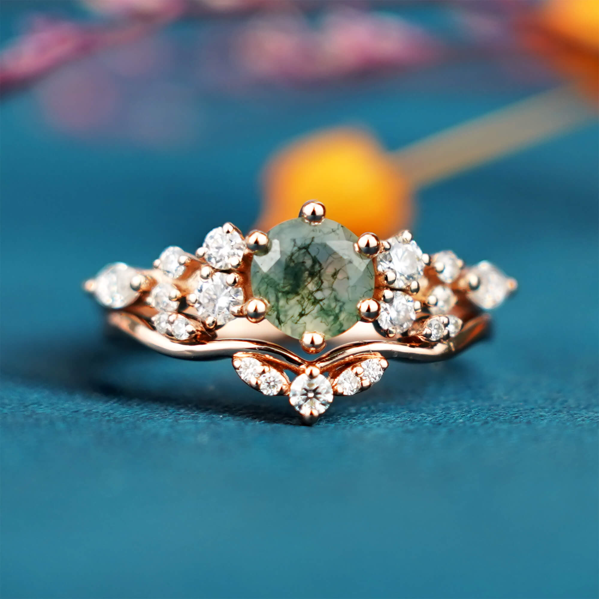 Vintage Round Moss Agate Engagement Ring Set Cluster Ring