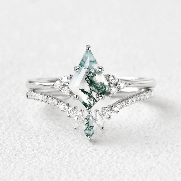 Unique Moss Agate Cluster Engagement Ring Set 2pcs